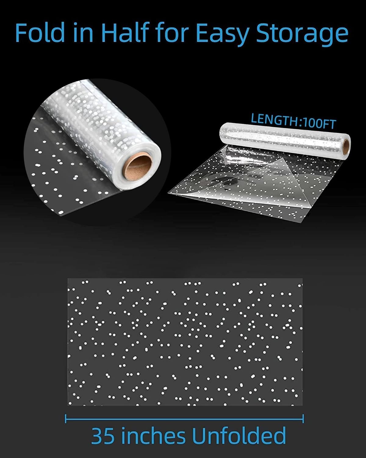 JOYIT 100' Long X 35” Wide Clear Cellophane Wrap Roll with White Dots - 3 Mil Thicker Cellophane Roll, Clear Wrapping Paper for Gift Baskets Wrap (35" Folds into 17.5")