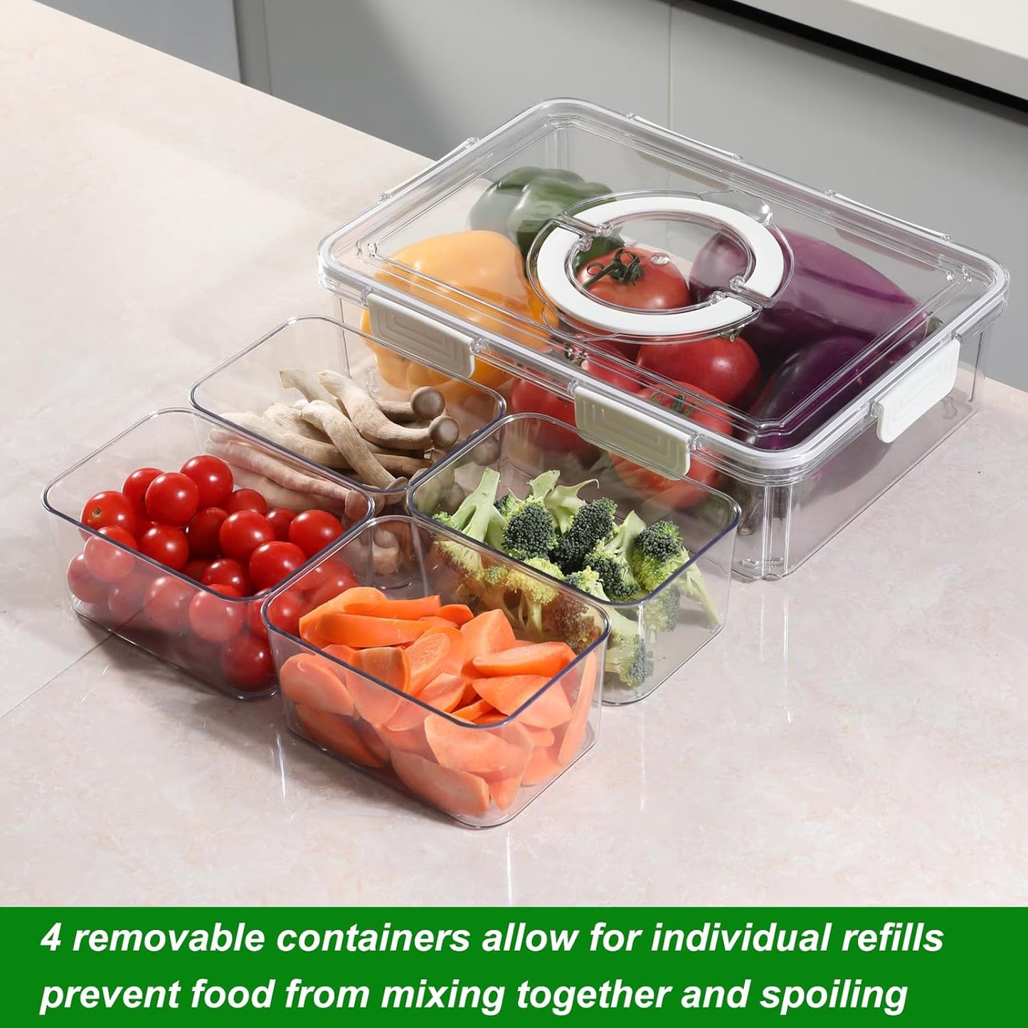 Taiuloo Divided Serving Tray with Lid & Handle, Airtight 4 Compartment Snackle Box Charcuterie Container, Fridge Organizer Bins, Food Storage Container Veggie Tray for Snack, Fruit, Candy, Nuts