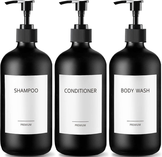 GMISUN Black Shampoo and Conditioner Dispenser, Shower Soap Dispenser Bottles with Labels, Refillable Shampoo Conditioner Body Wash Dispensers, Glass Soap Pump Dispenser Set for Bathroom Shower