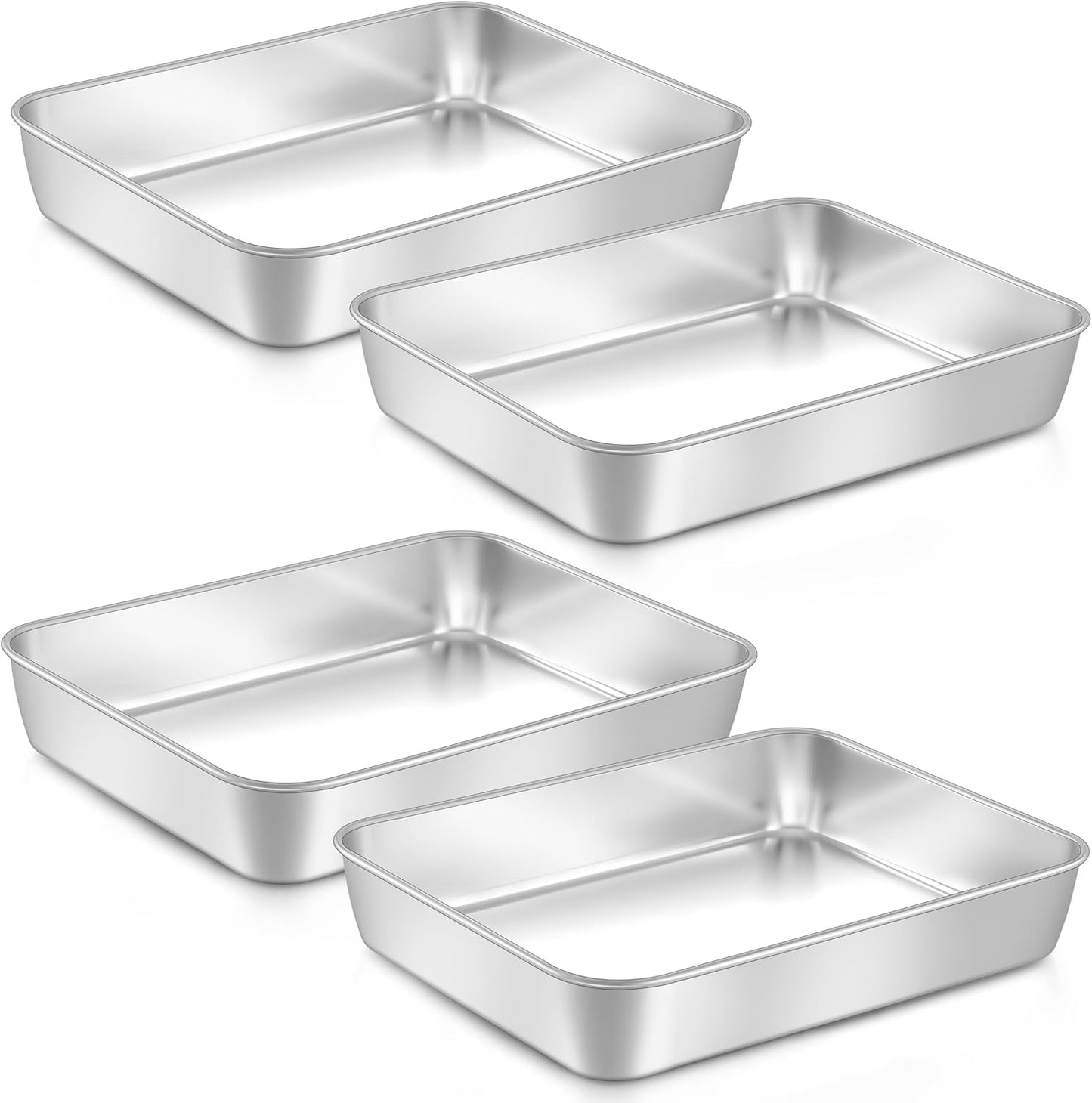LIANYU 12⅓ x 9¾ x 2 Inch Cake Baking Pan Set of 4, Toaster Oven Pan for Brownies Lasagna Casseroles Cookie Meat, Stainless Steel Rectangle Bakeware Set, Heavy Duty & Mirror Polished, Dishwasher Safe