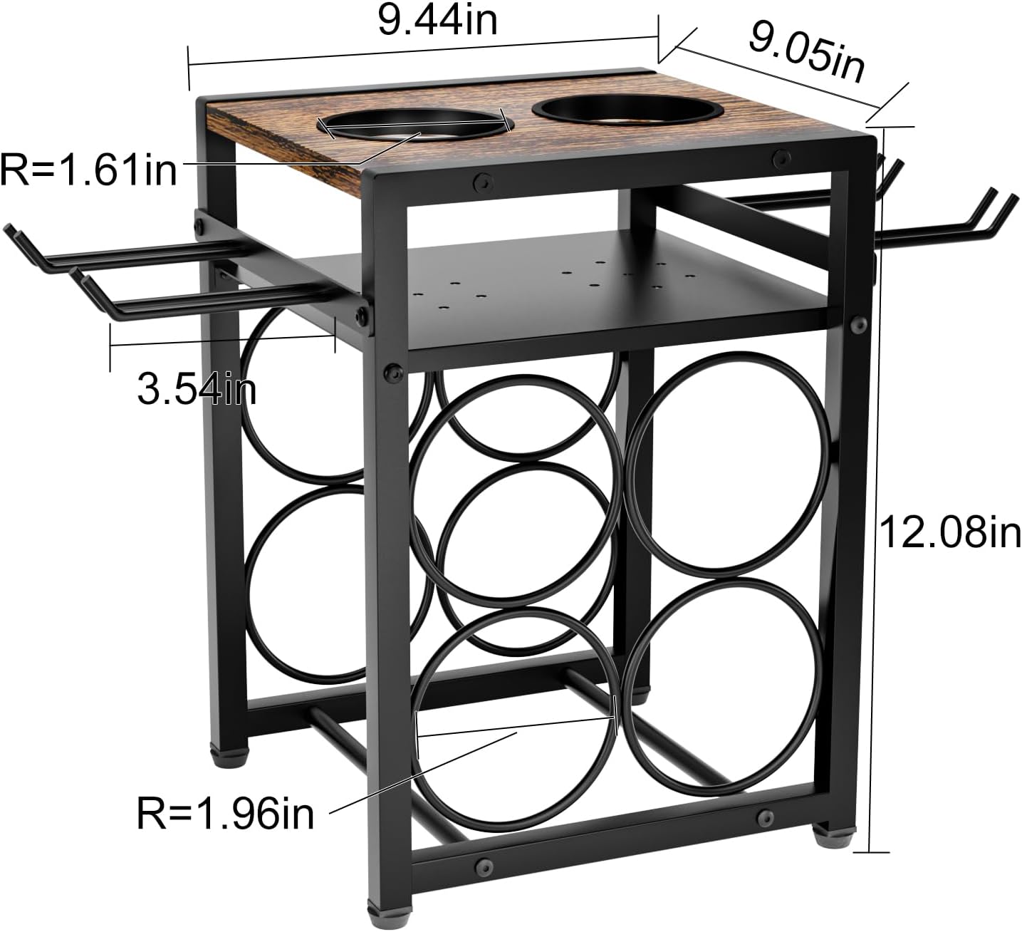 KLM Wine Rack Countertop, 6 Bottle 4 Glass Holder, Modern Wood Storage Stand with Tray, Black