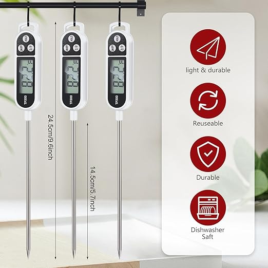 6 Pcs Instant Read Meat Thermometer with Long Probe 9.65 Inch Kitchen Cooking Food Candy Waterproof Digital Thermometer for BBQ Water Milk Yogurt Liquid Cooking(White)