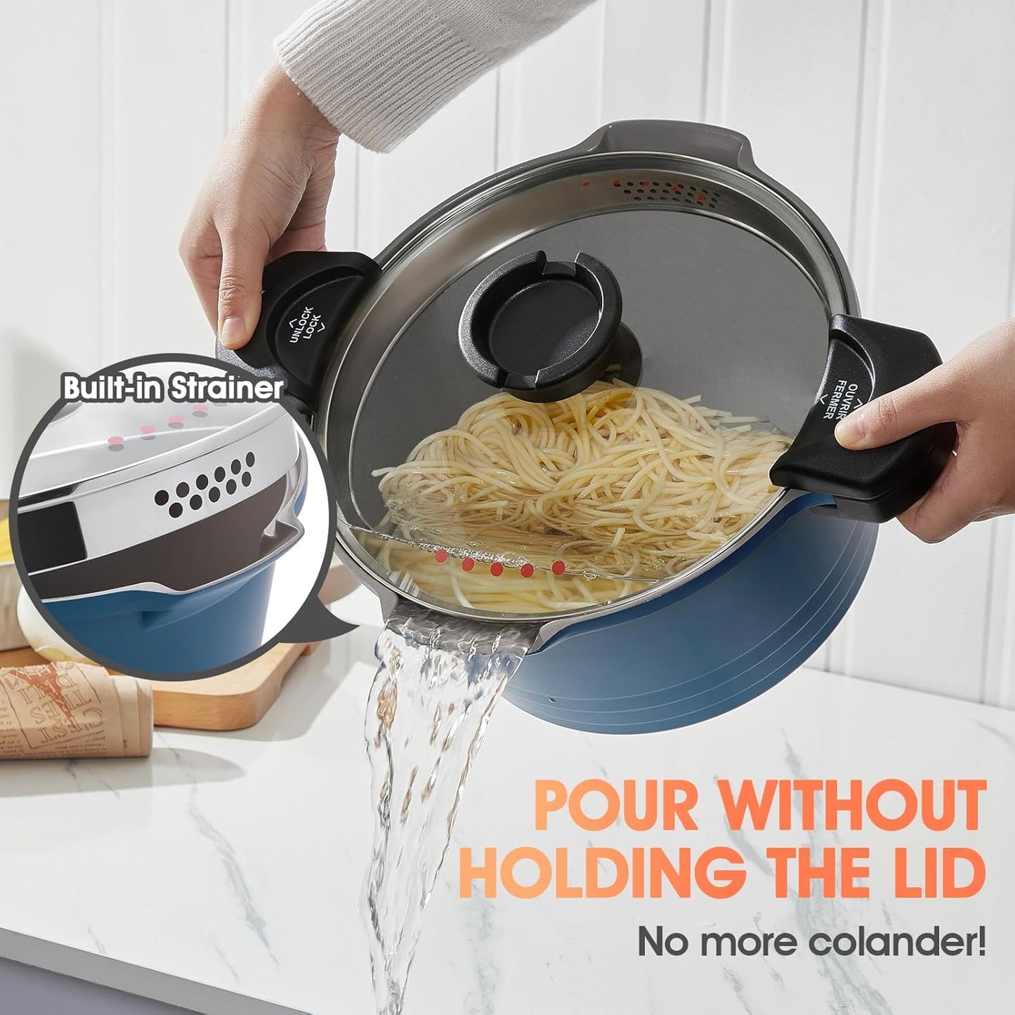 ACTIV CUISINE 5qt Pasta Pot with Strainer Lid, Cast Aluminum Stockpot Multipot, Nonstick Ceramic Coating make Cleanup easy with Tempered Glass Lid, Dishwasher Safe, Induction, Blue