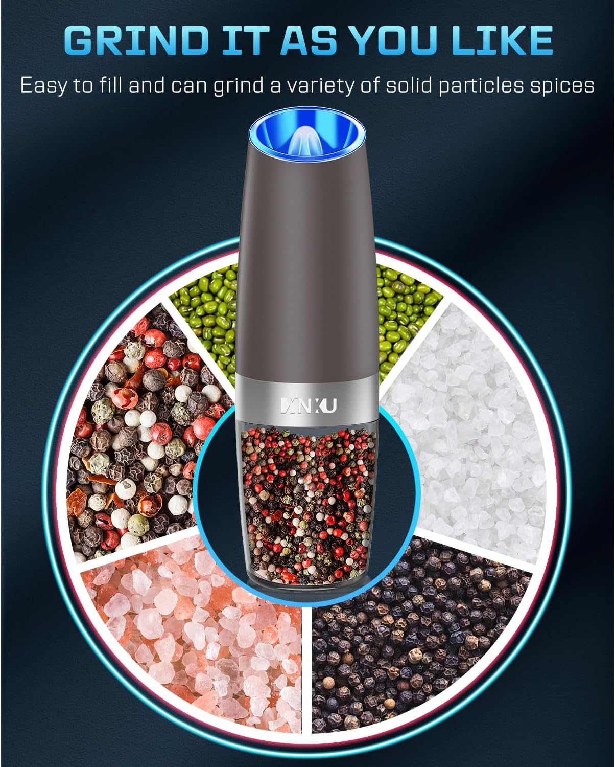 XinXu Gravity Electric Pepper and Salt Grinder Set, Adjustable Coarseness, with LED Light, One Hand Automatic Operation (Set/Brown L)