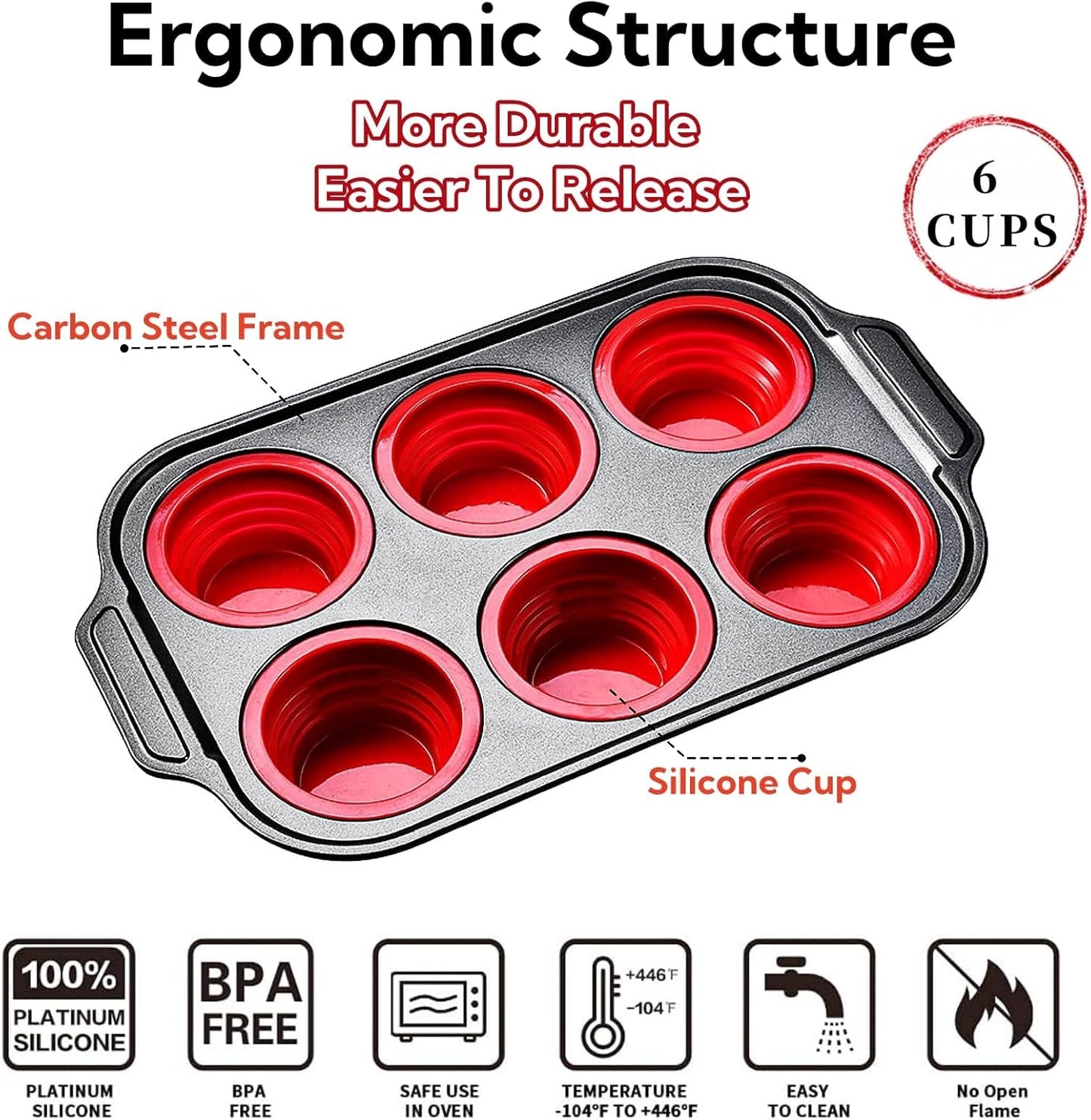 Silicone Muffin Pan, 6 Cups Muffin Pans for Baking with Metal Frame, Cupcake Pan, Egg Bite Molds, Muffin Tin Tray Easy to Pop Nonstick Non Toxic Bakeware for Oven