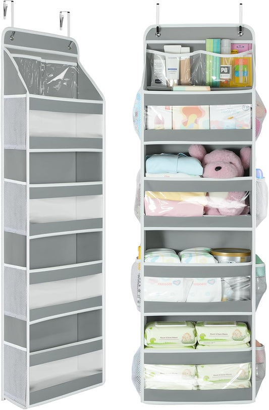 Yecaye 5 Tier 1Pc Over the Door Organizer, Swing-proof Door Organizer Hanging with Clear PVC Windows, Behind the Door Storage for Bedroom Nursery Closet Laundry Pantry Bathroom, Grey