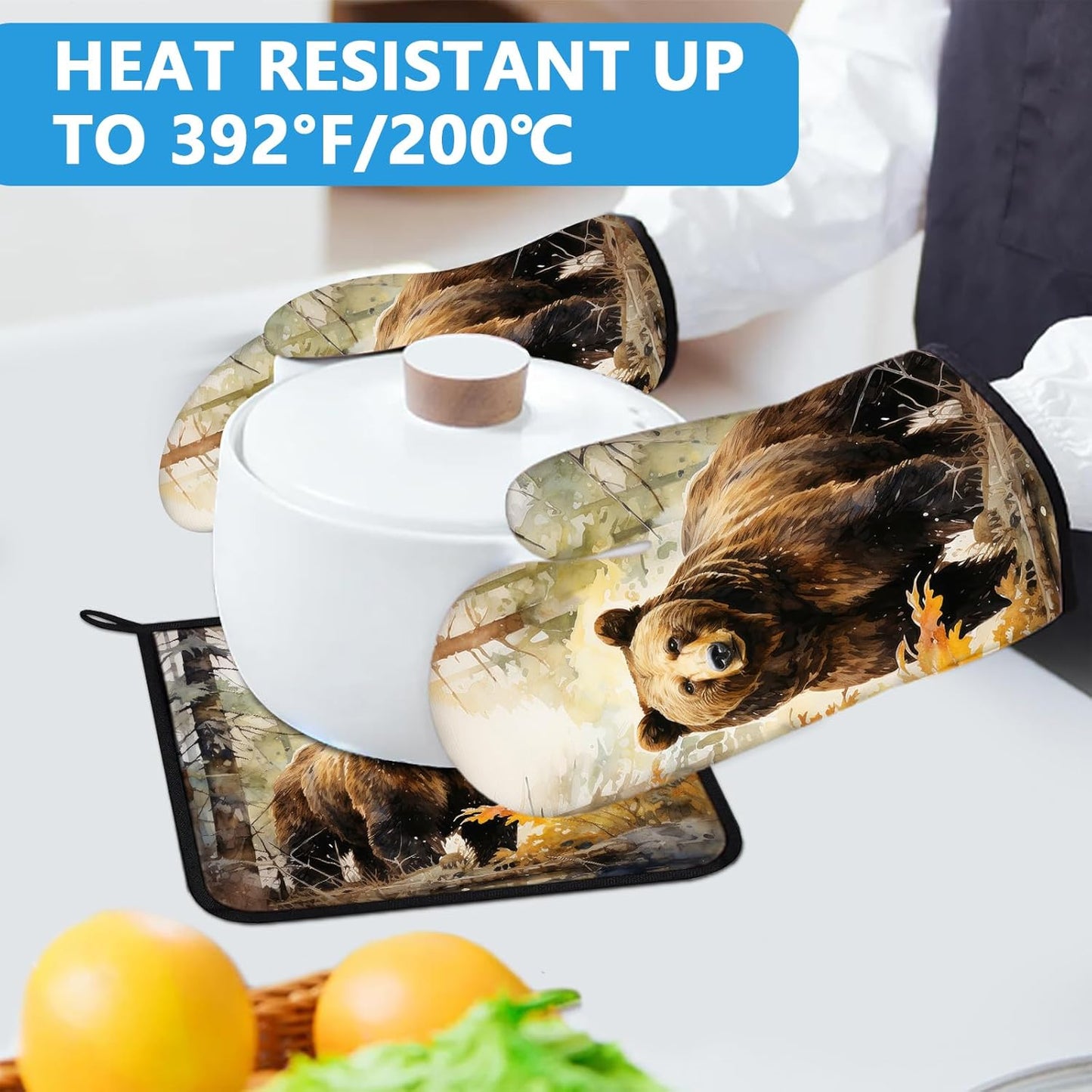 Watercolor Brown Bear Oven Mitts and Pot Holders Sets Heat Resistant 4Pcs Autumn Forest Animal Potholders Oven Gloves Hot Pads for Kitchen Baking Cooking Grilling BBQ