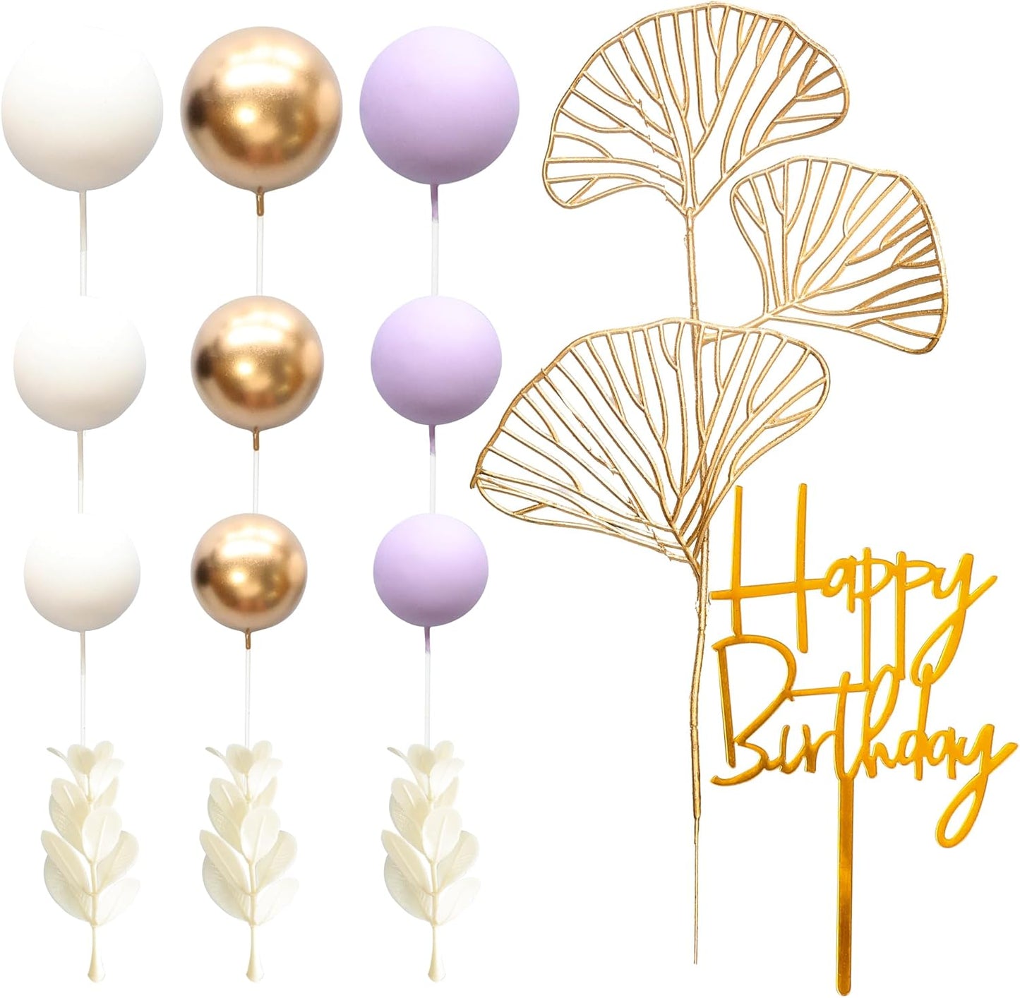 Gyufise 57Pcs Balls Cake Topper Boho Grass Cake topper Pearl Balls Acrylic Happy Birthday Cake Decorations for Wedding Baby Shower Birthday Boho Themed Party Supplies Purple