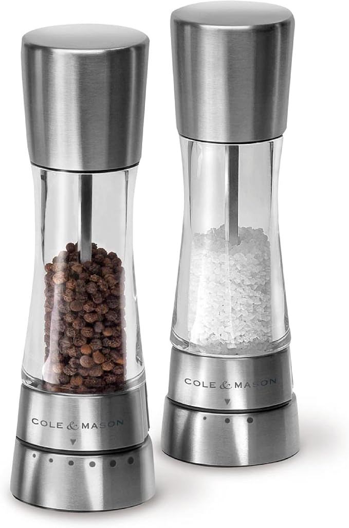 Cole & Mason Derwent Salt and Pepper Grinder Set - Refillable Salt & Pepper Grinder Set with Gourmet Precision Mechanisms - Kitchen Accessories for Cooking - Gift Set, Stainless Steel