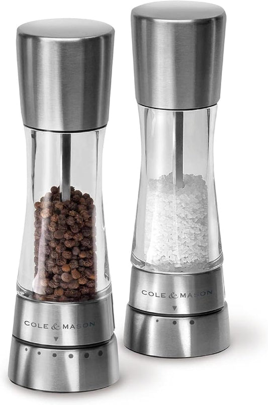 Cole & Mason Derwent Salt and Pepper Grinder Set - Refillable Salt & Pepper Grinder Set with Gourmet Precision Mechanisms - Kitchen Accessories for Cooking - Gift Set, Stainless Steel