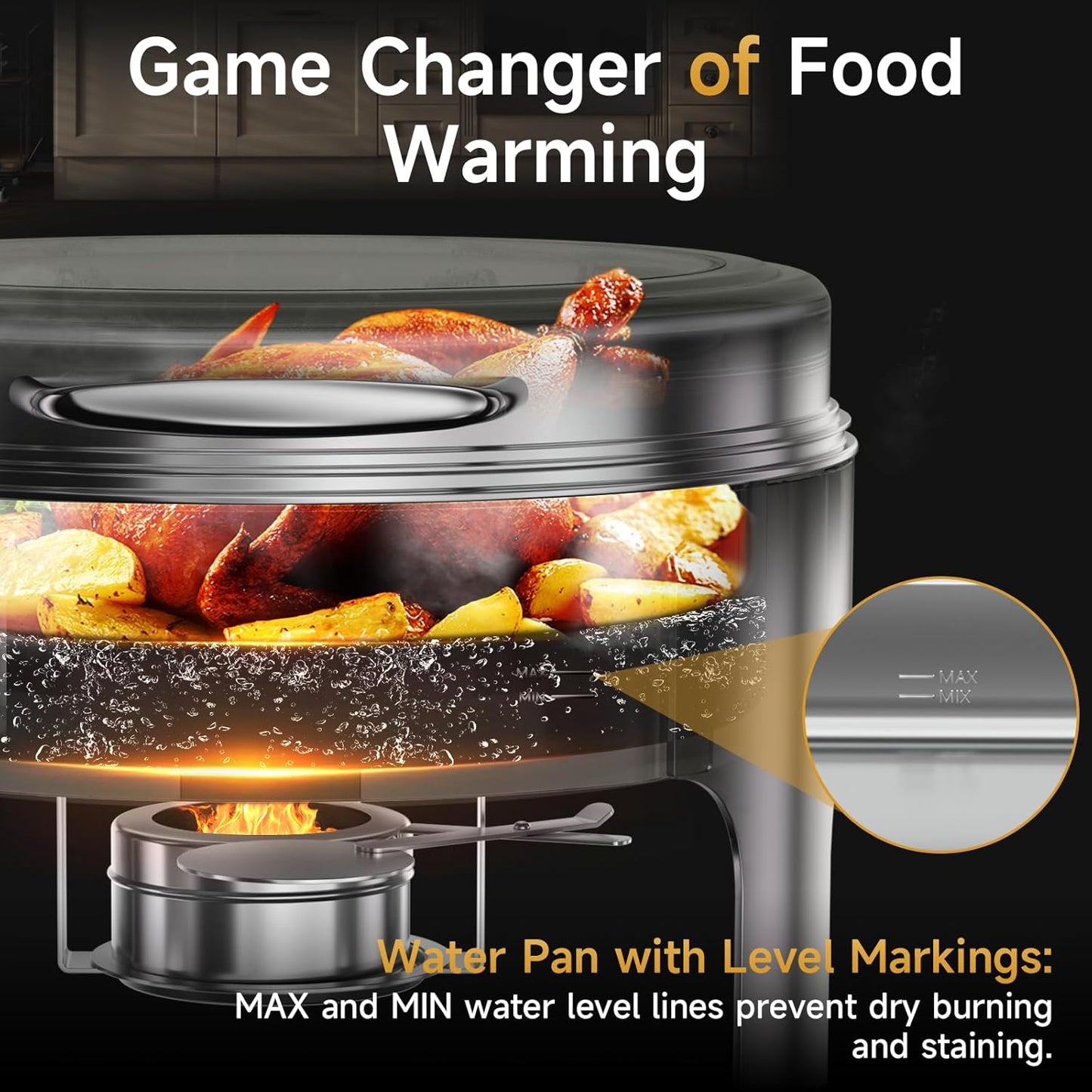 Chafing Dishes for Buffet, 6QT Round Stainless Steel Chafing Dish with Transparent Hydraulic Lid, 304 Food Pan, Buffet Warmer for Parties and Events (Silver)