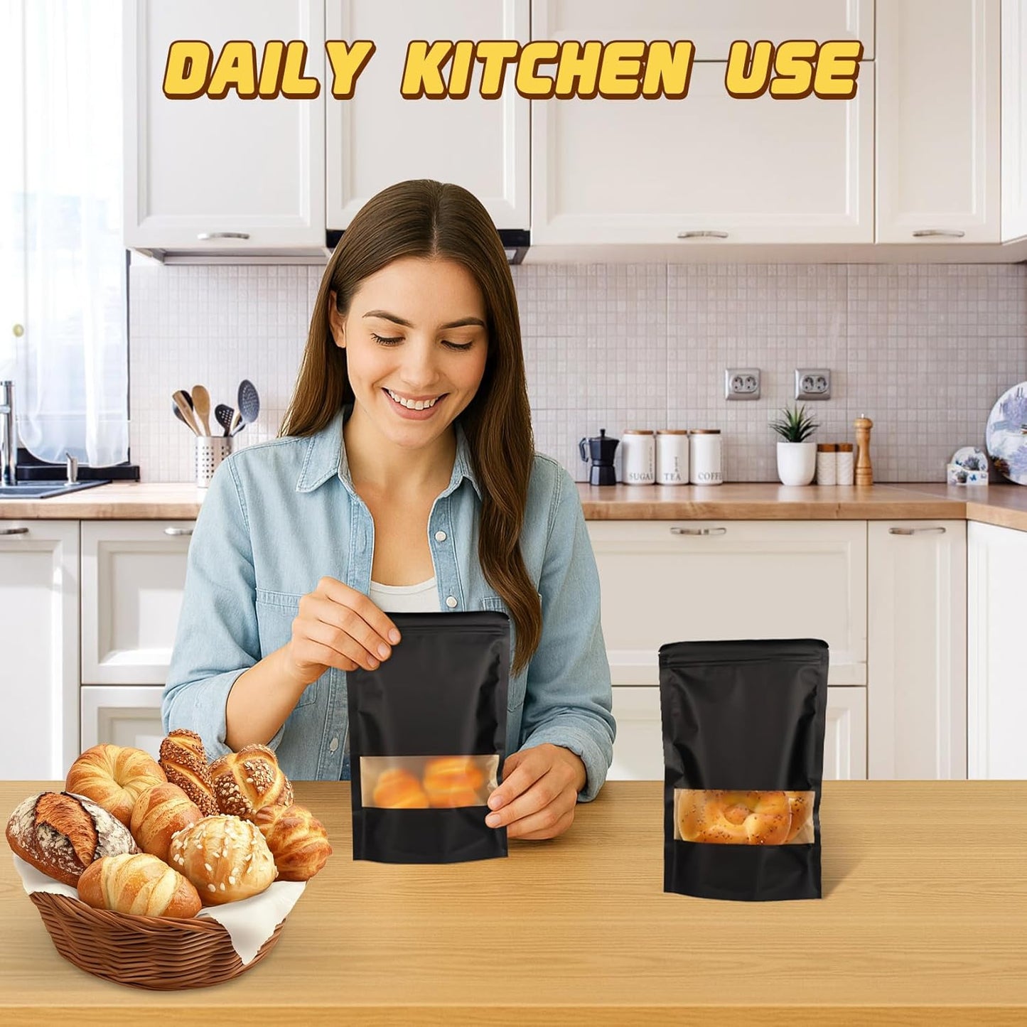 50 Pack Zip Lock Bags, Reusable Snack Bags with Window, Cookie Bags for Pastry, Herbs, Jerky, Spices, Soap, Pet, Gifts, Resealable Baggies for Small Business, Farm Stand Supplies