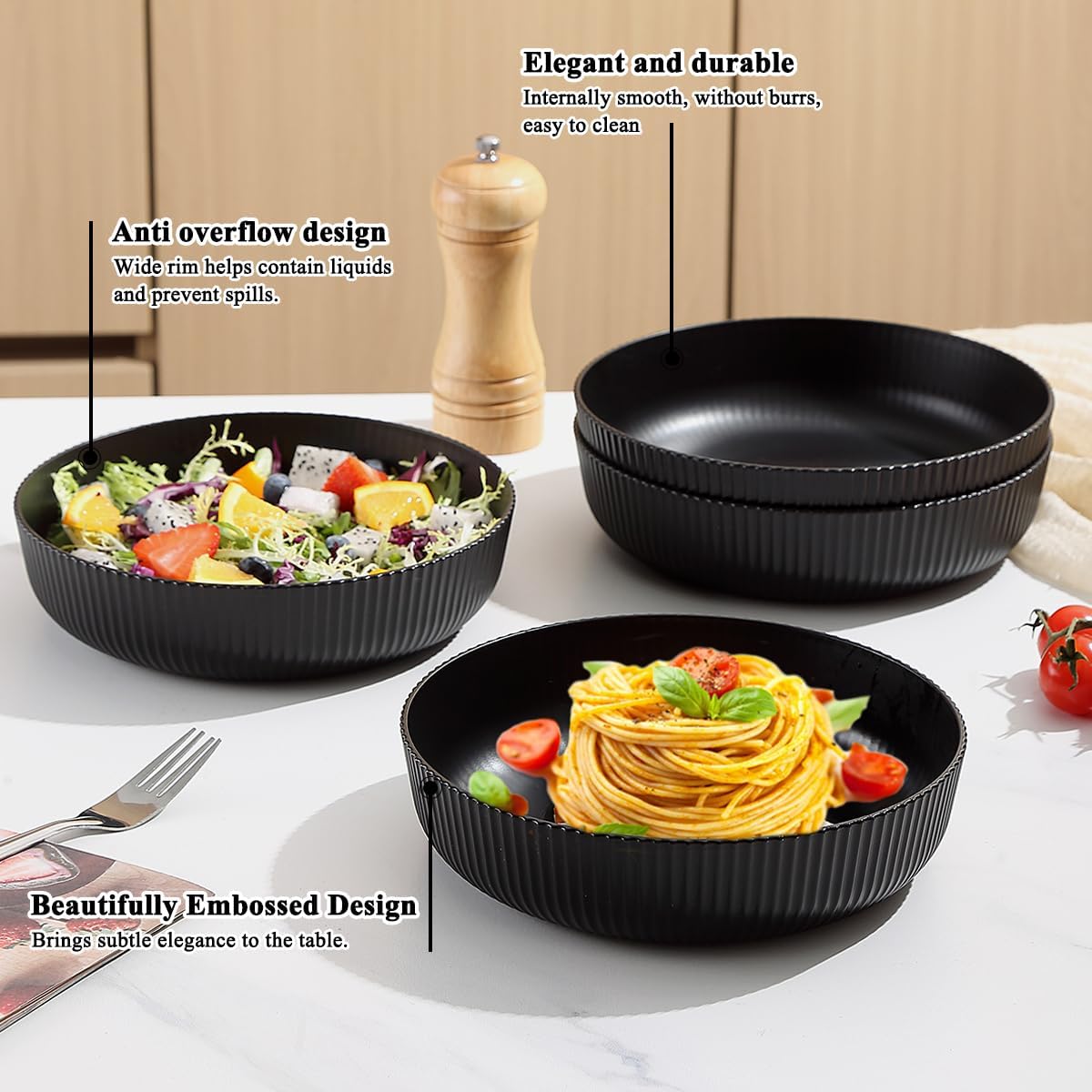 Kyraton Pasta Bowls Set of 4, 37oz Salad Bowls Soup Bowls Large Pasta Serving Bowl Plastic Unbreakable Serving Dishes Dinner Bowls (Black)