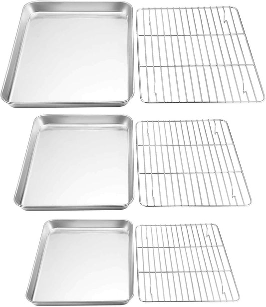 TeamFar Baking Sheet with Rack Set, Stainless Steel Cookie Sheet Baking Pans with Cooling Rack, Non Toxic & Healthy, Rust Free & Heavy Duty, Mirror Finish & Easy Clean, Dishwasher Safe - 6 Pieces