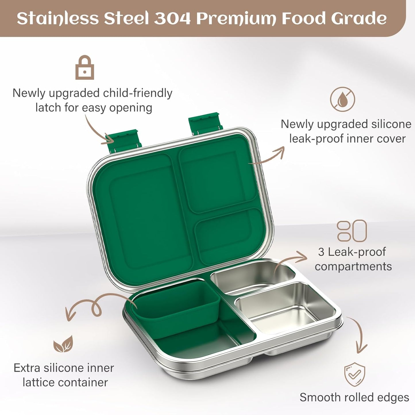Stainless Steel Bento Box Kids, 3 Compartments Leak Proof Metal Bento Lunch Box, 304 Stainless Steel Bento Lunch Containers for School and Office,Dishwasher Safe, BPA-Free-Green