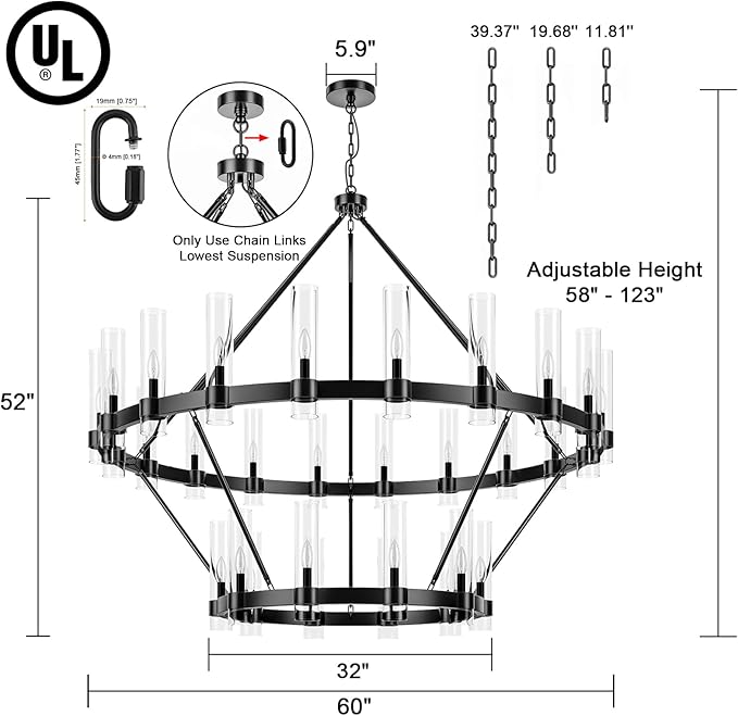 60 Inch Black Wagon Wheel Chandelier 2 Tier with Glass Shade, 30 Lights, Modern Farmhouse Style, Ideal for Dining Room, Kitchen, Entryways