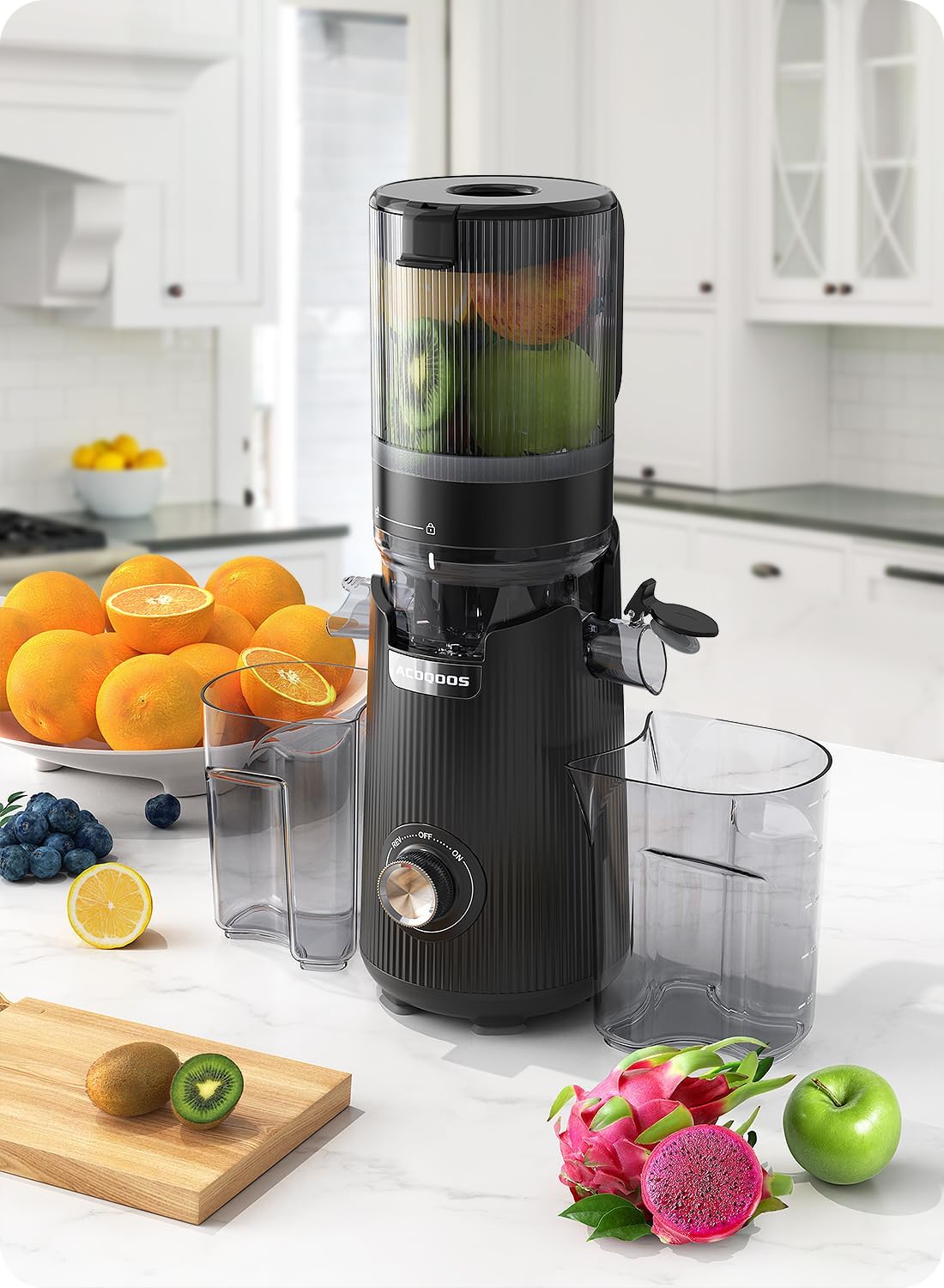 ACOQOOS Juicer Machines, 5.3" Wide Chute for Whole Fruit and Vegetable,1.8L Auto-Feed Time-Saver, Slow Masticating High Yield, Easy to Clean Cold Press Juicer with 2 Cups
