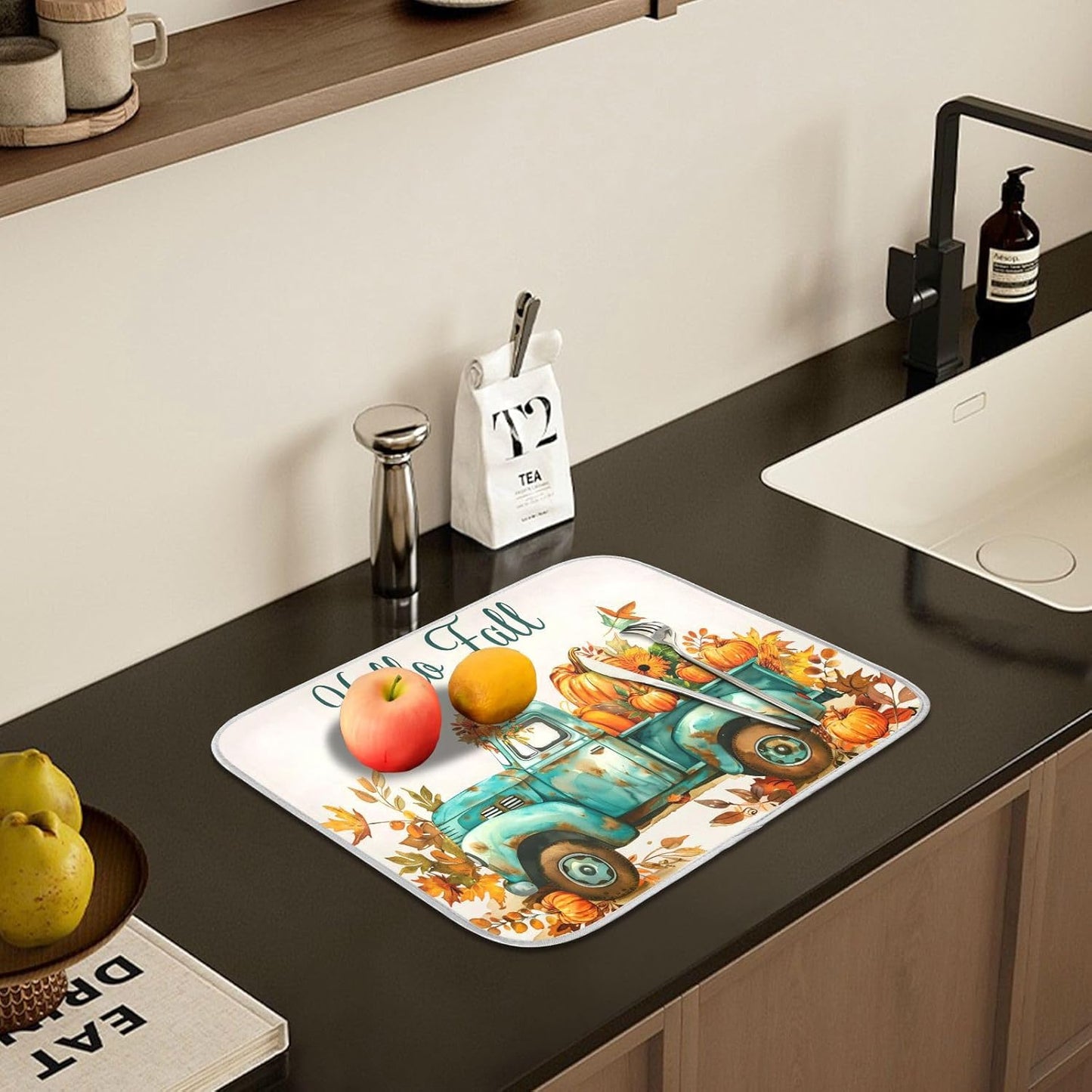 Vintage Fall Truck with Pumpkins Autumn Leaves Dish Drying Mat for Kitchen Counter Absorbent Microfiber Small Drying Pad Dish Mats for Kitchen Countertops 16 x 18 Inch