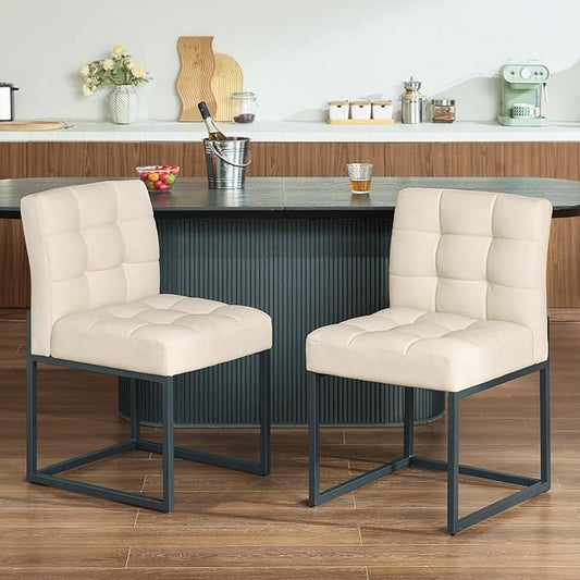 Beige Faux Leather Dining Chairs Set of 2, Mid-Century Modern Dining Room Chairs with Armless, Checkered Kitchen Chair with Metal Legs