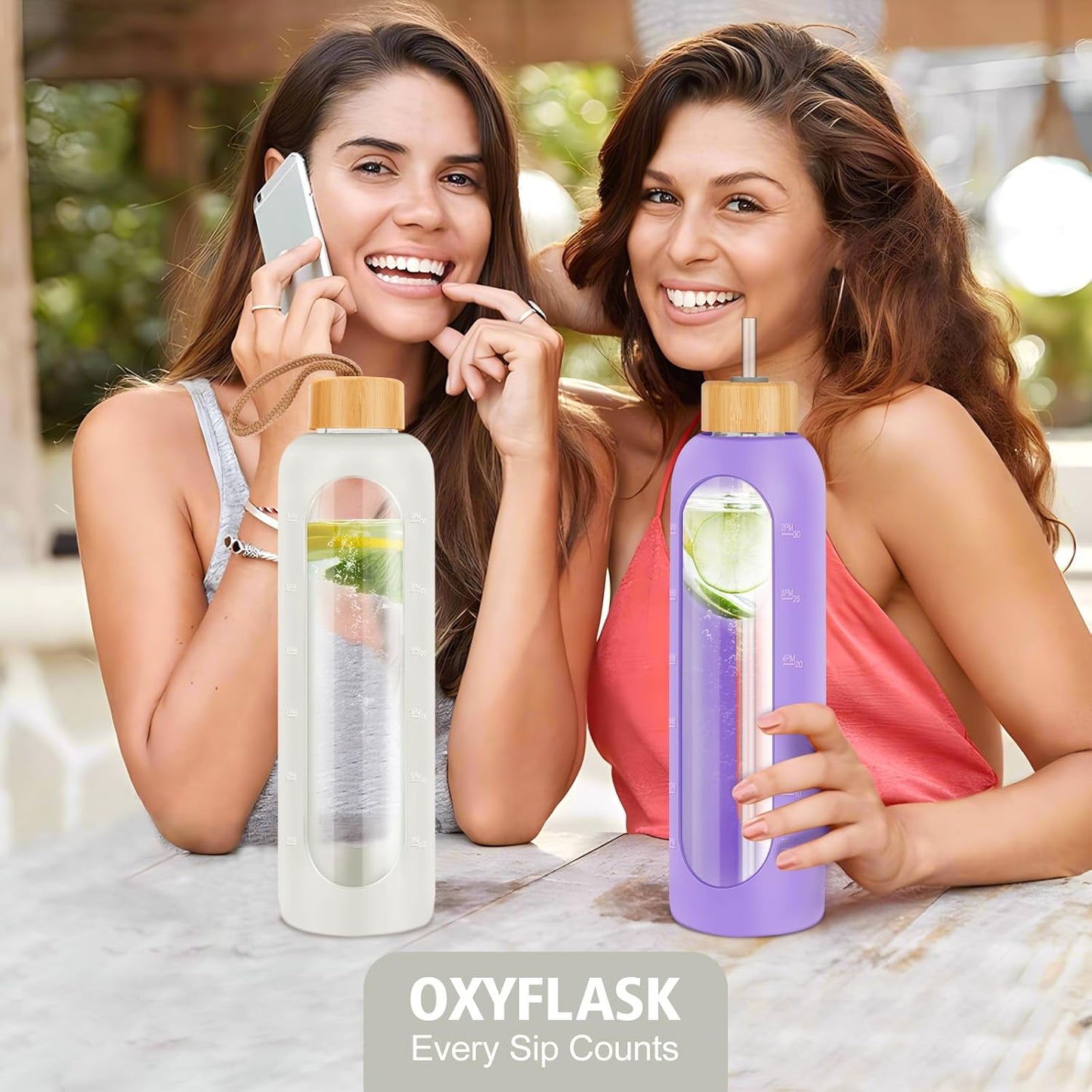 Glass Water Bottles 32 oz - Motivational Drinking Glass Water Bottle with Silicone Sleeve, Straw & 2 Bamboo Lids - 1 Liter Clear Borosilicate Daily Intake Tumbler with Time Marker - Cream