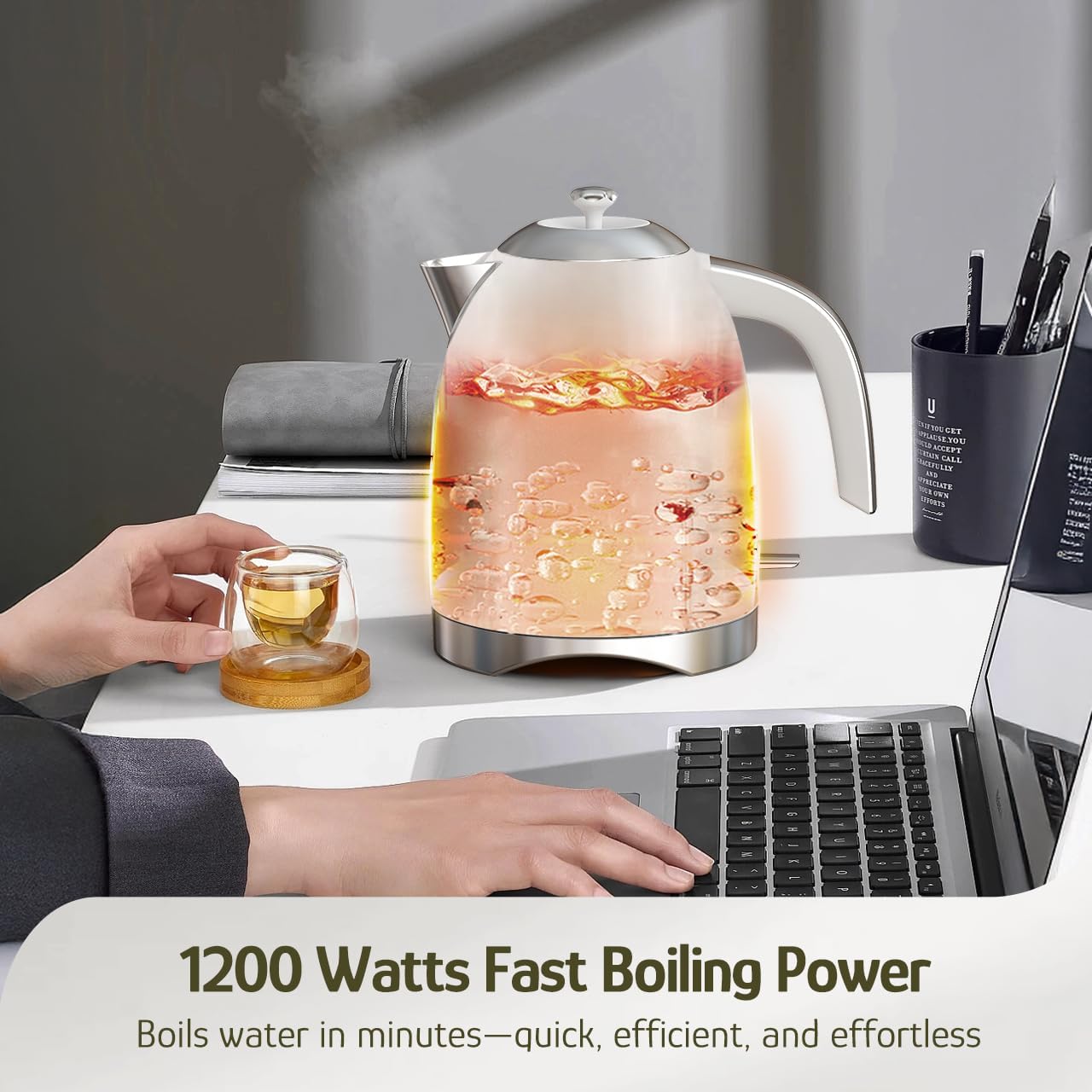 Hazel Quinn Electric Kettle - 1.7 Liters (57oz) Stainless Steel Water Kettle, BPA-Free Interior, 1200W Fast Boiling, Cordless, Rotational Base, Automatic Shut Off & One-Touch LED - Pearl White