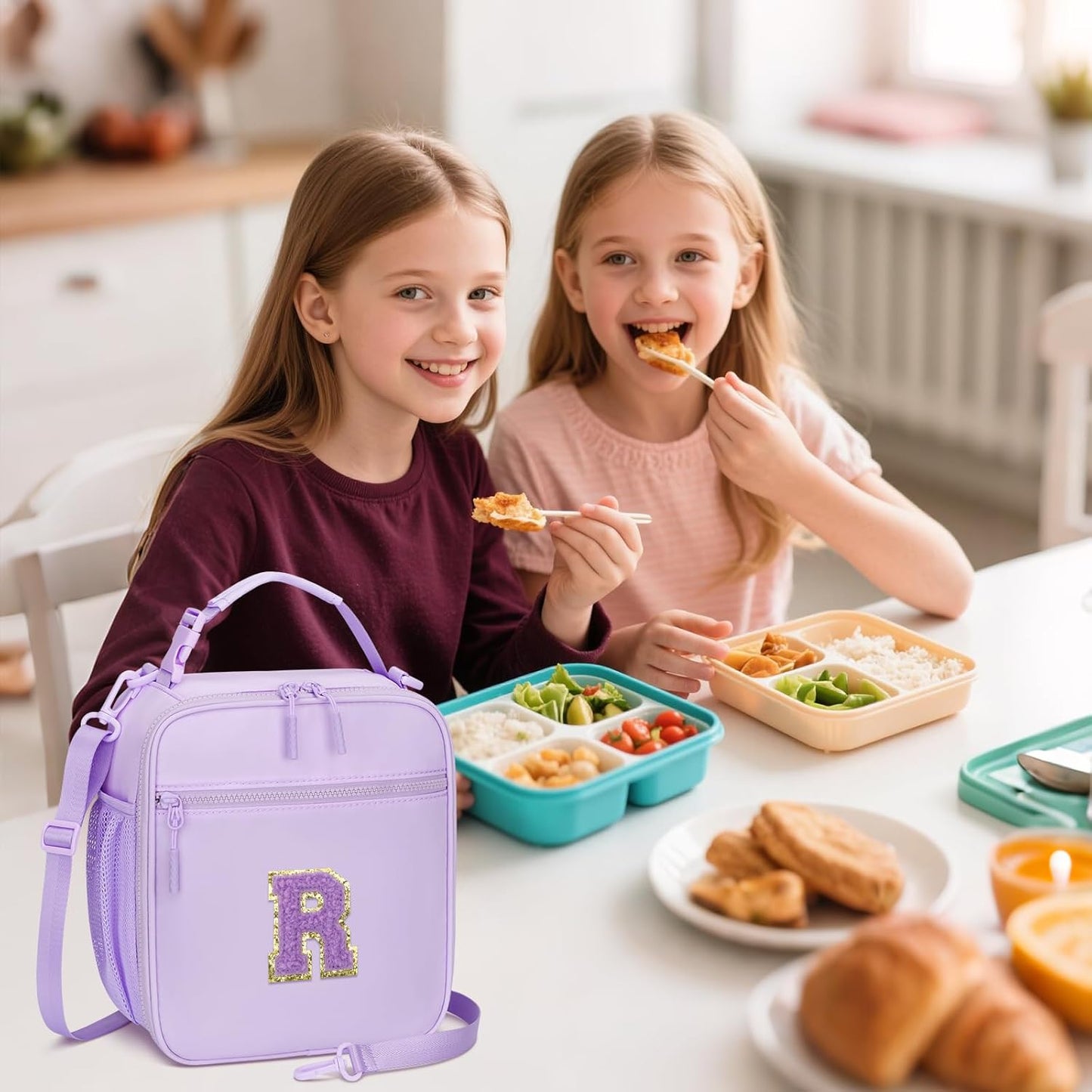 Initial Insulated Lunch Bag for Girls Kids, Back to School Gift, Reusable Leak-proof Lunch Box with Adjustable Strap for School Daycare Travel Picnic (Purple,R)