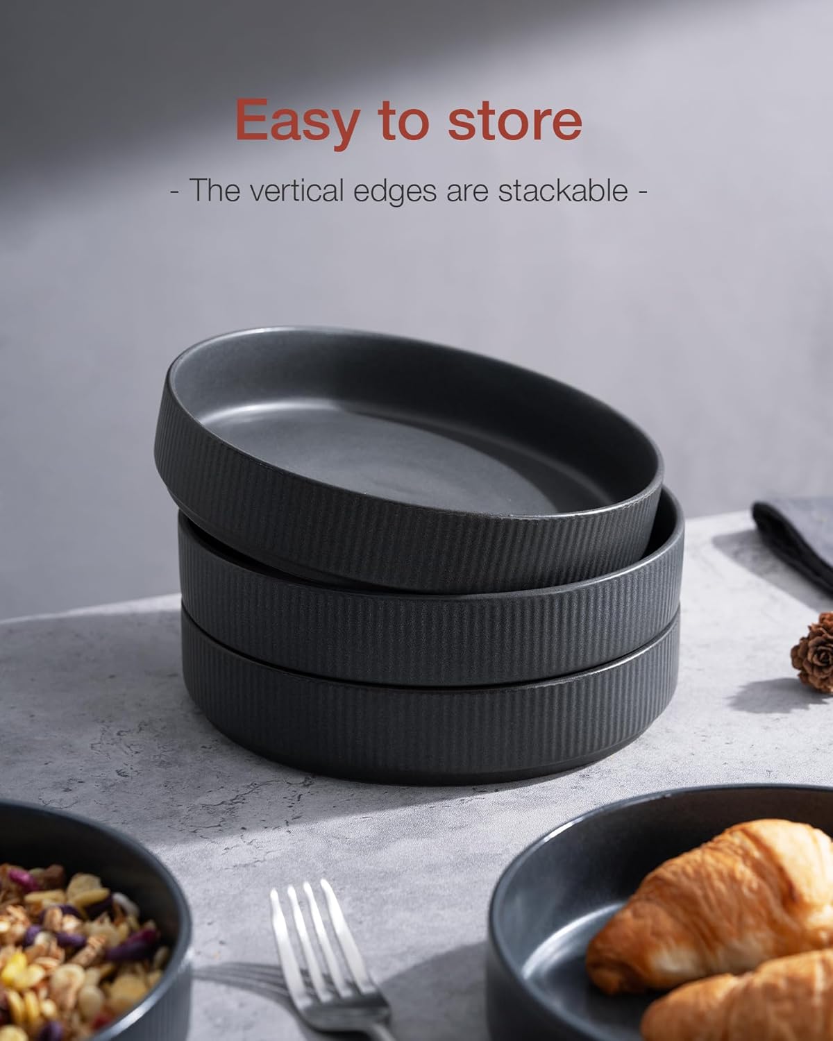 famiware Star 8.25" Pasta Bowls, Large Dinner Bowls Set of 6, Salad Bowl Plates, Shallow Bowls for Eating, Matte Dark Charcoal (Full Glaze)