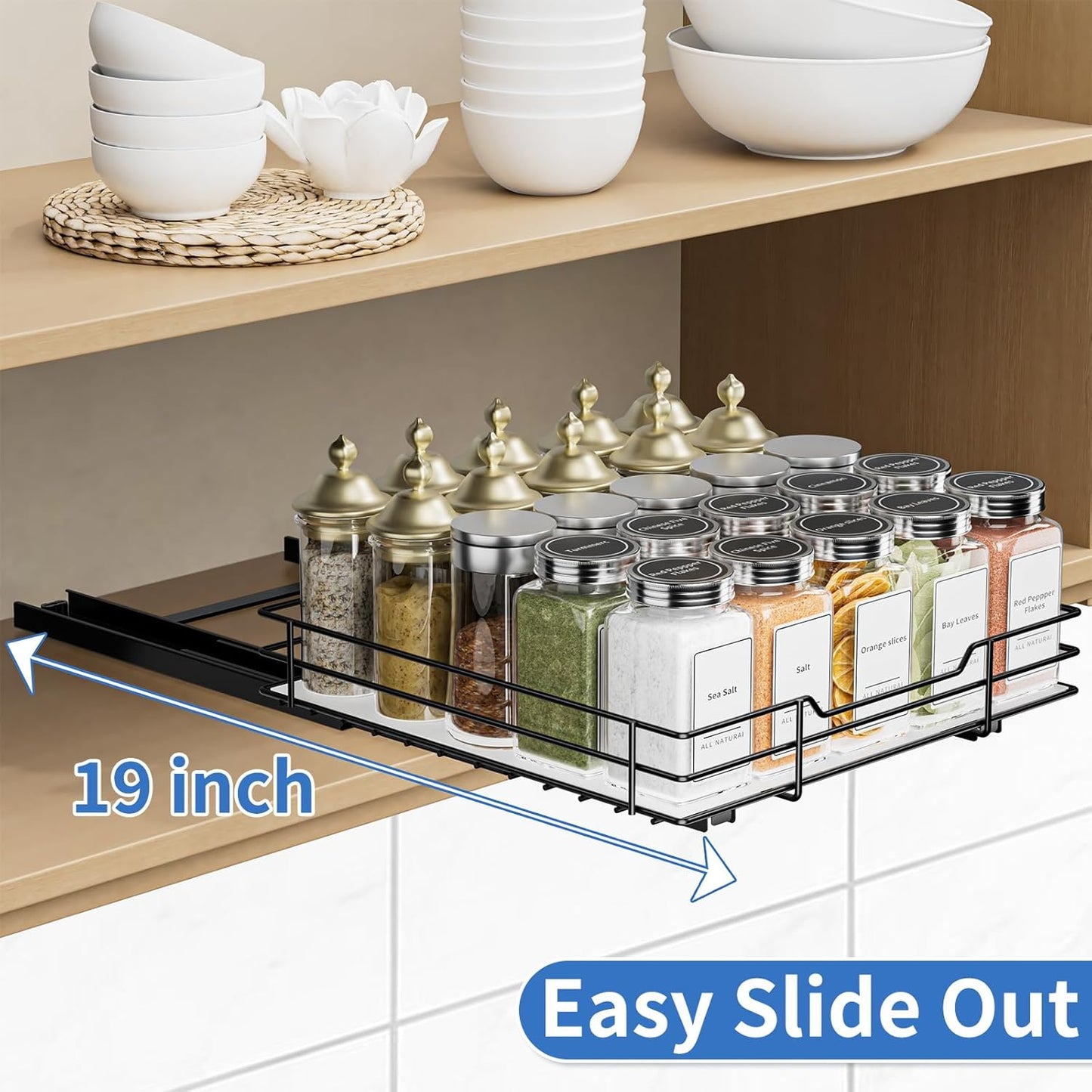 Pull Out Spice Rack, Slide Out Spice Rack for Cabinet, Spice Organizer for Kitchen and Pantry, Fits Spices, Sauces, Canned Food (10.5''Wx10.5''Dx2.5''H)