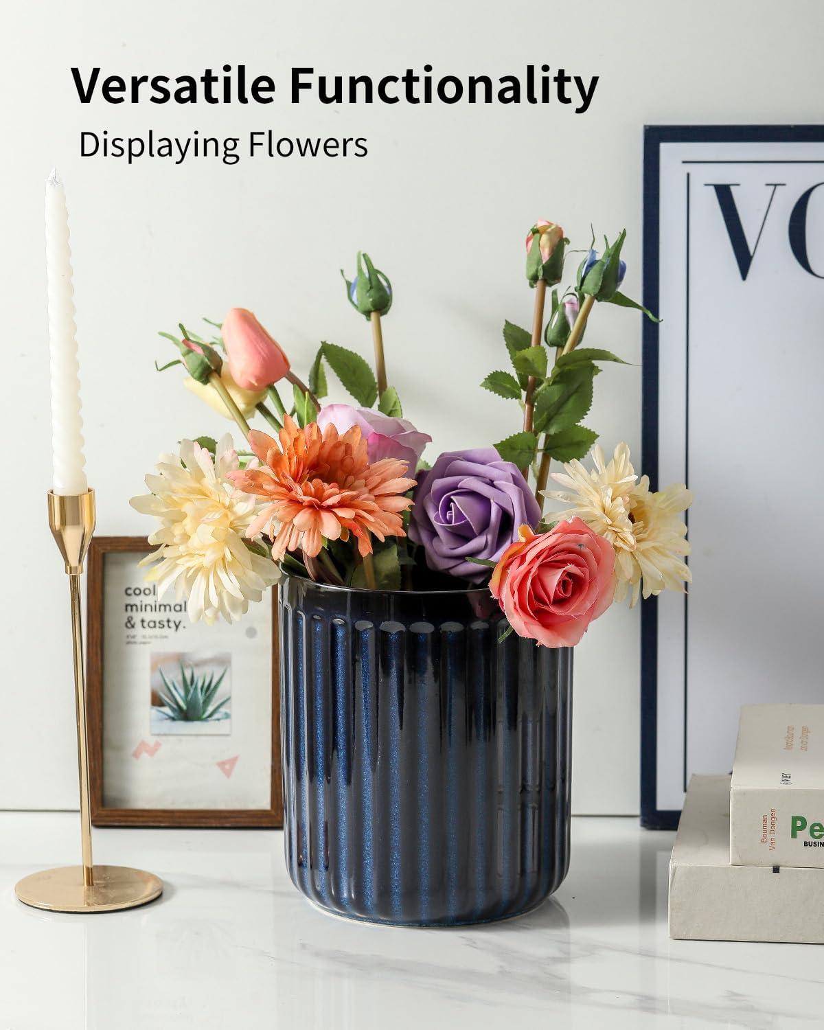 Hasense Ceramic Utensil Holder, 7.3" x 6.2" Ribbed Utensil Crock for Farmhouse Decor, Porcelain Cooking Utensil Holder for Kitchen Countertop, Utensil Organizer for Housewarming Gift, Navy Blue