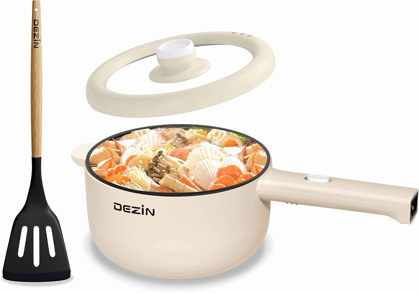 Dezin Electric Cooker, 2L Non-Stick Sauté Pan, Rapid Noodles Cooker, Mini Pot for Steak, Egg, Fried Rice, Ramen, Oatmeal, Soup with Power Adjustment, College Dorm Room Essential