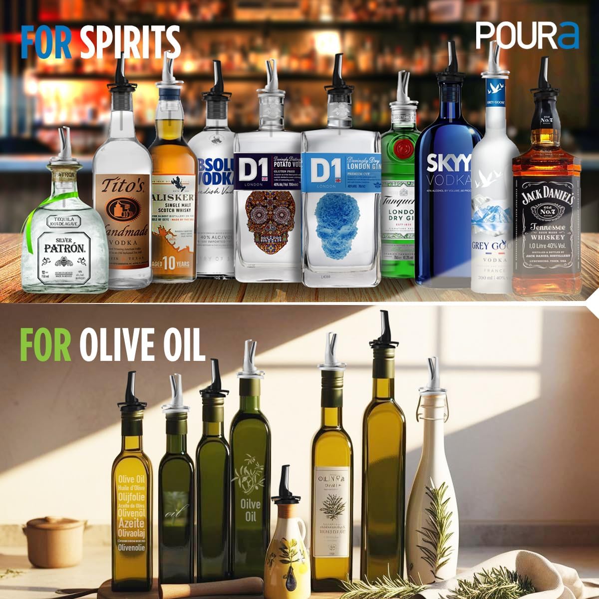 3-in-1 Liquor Pour spout with Built-in Fruit Fly Protection - Dishwasher Safe Hygienic Alcohol Speed Spouts - Also for Olive Oil, Juice, Syrup. Black 2 Pack