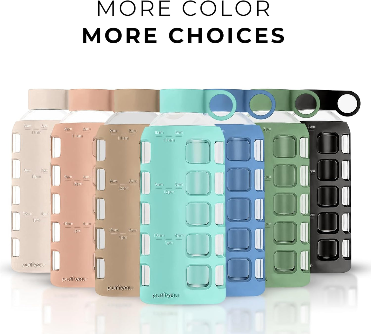 purifyou 40oz / 32oz / 22oz / 12oz Borosilicate Glass Water Bottle with Time & Volume Markers, Silicone Sleeve, Stainless Steel Lid – Reusable Glass Bottle for Water & Juice (22oz Glow-in-the-Dark)