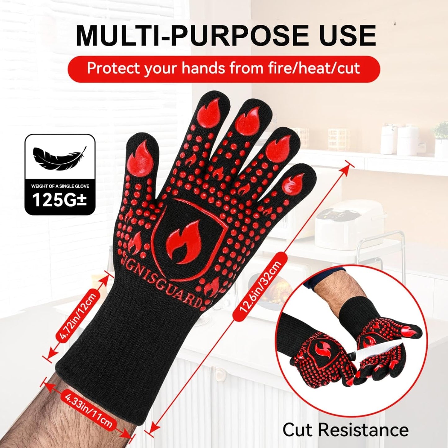 BBQ & Grill Gloves, Oven Gloves, 1472°F Silicone Oven Mitts Heat Resistant Grilling Gloves Fireproof Non-Slip for Barbecue Cooking Baking Smoking, 1-Pair Red（L）