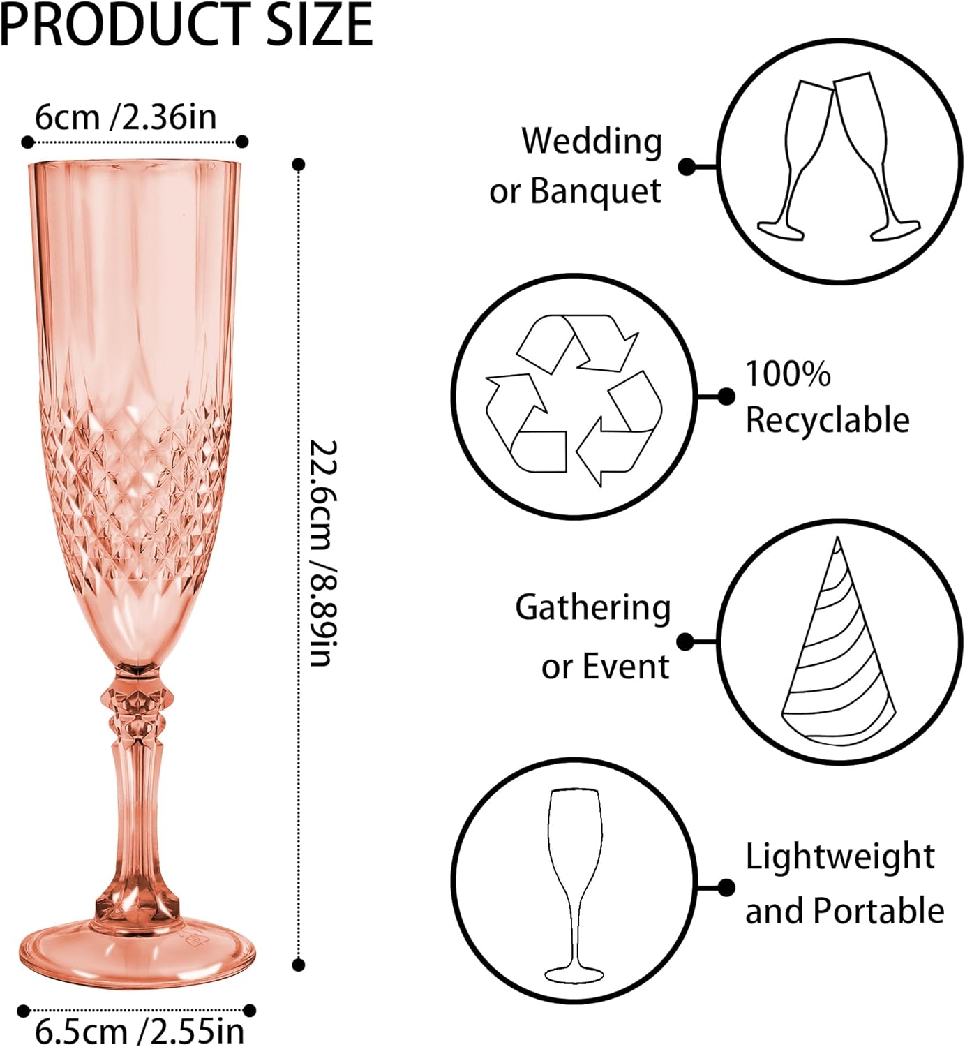 Plastic Champagne Flutes, 24PCS Rose Gold Plastic Wine Glasses Goblets Reusable Champagne Flute for Weddings, Bachelor Parties, Toasting, and Events(24,Rose Gold)