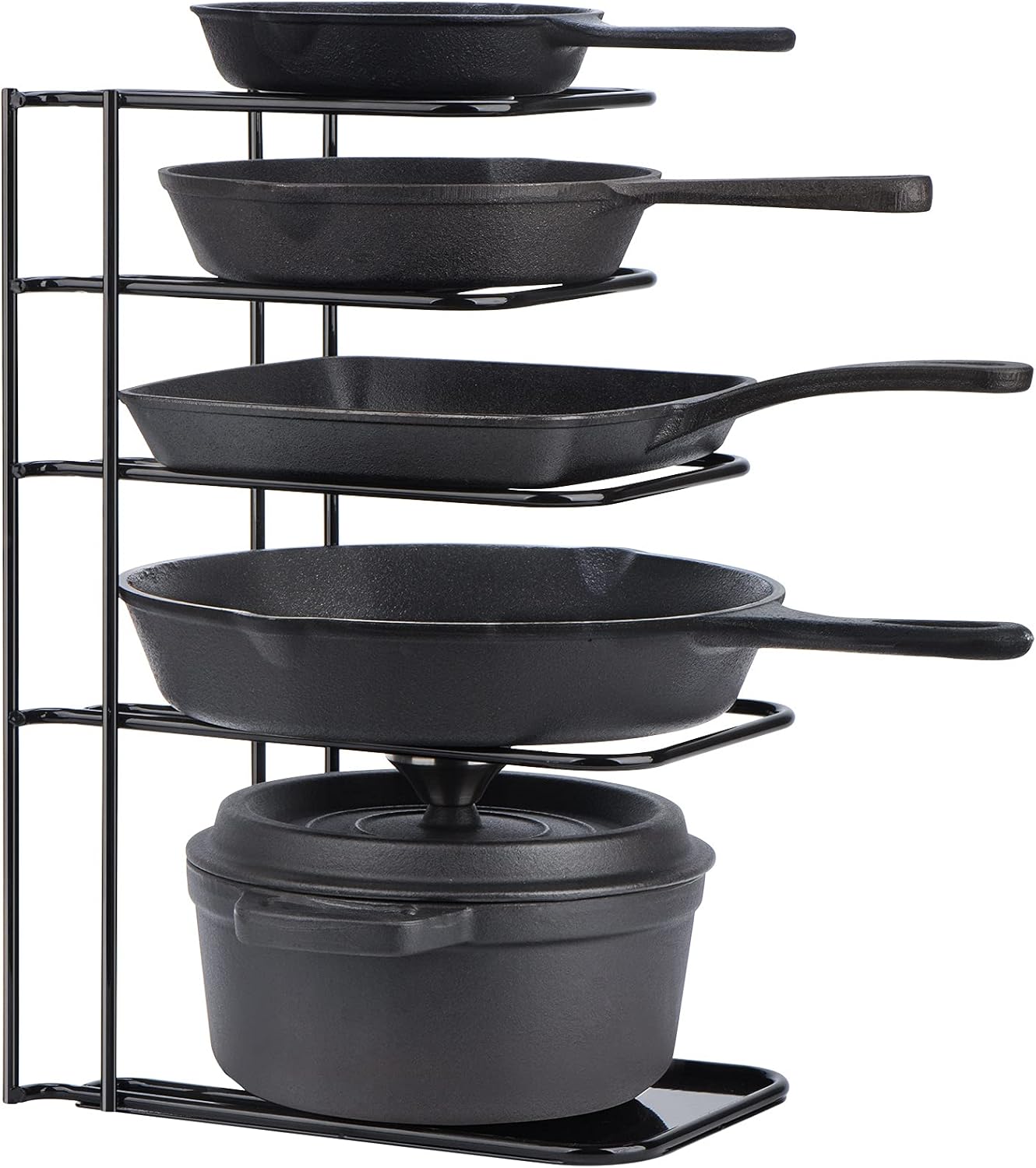 Toplife Heavy Duty Pan Organizer, 5 Tier Pot and Pan Organizer Rack for Cast Iron Skillets, Griddles and Pots - Sturdy Steel Construction- No Assembly Required - Black