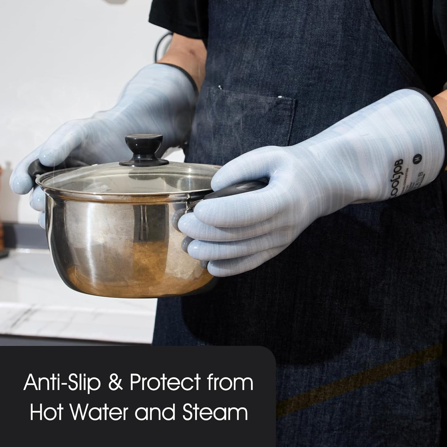 COOLJOB Heat Resistant Oven Gloves, Waterproof Liquid Silicone BBQ Grilling Gloves for Barbecue, Kitchen Cleaning, Baking, Blue, Large