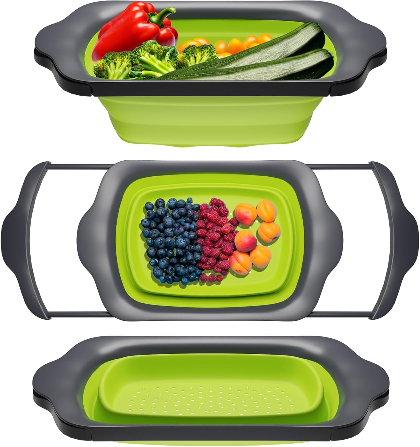 XL Large Kitchen Strainer by Comfify - Collapsible Silicone Over-The-Sink Colander with Extendable Handles - Use with Pasta, Fruit, Berries & Veggie - 6 Quart - Green