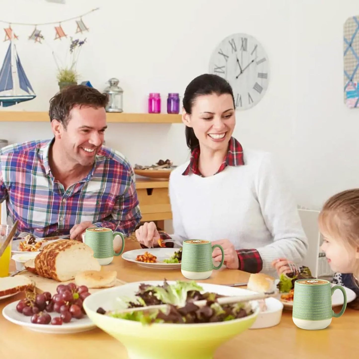 Hasense Stoneware Coffee Mugs Set of 6, 15 Oz Large Coffee Cups with Handle, Tea Mugs for Men and Women, Modern Coffee Mug for Cappuccino, Milk, Cocoa, Microwave & Dishwasher Safe, Green