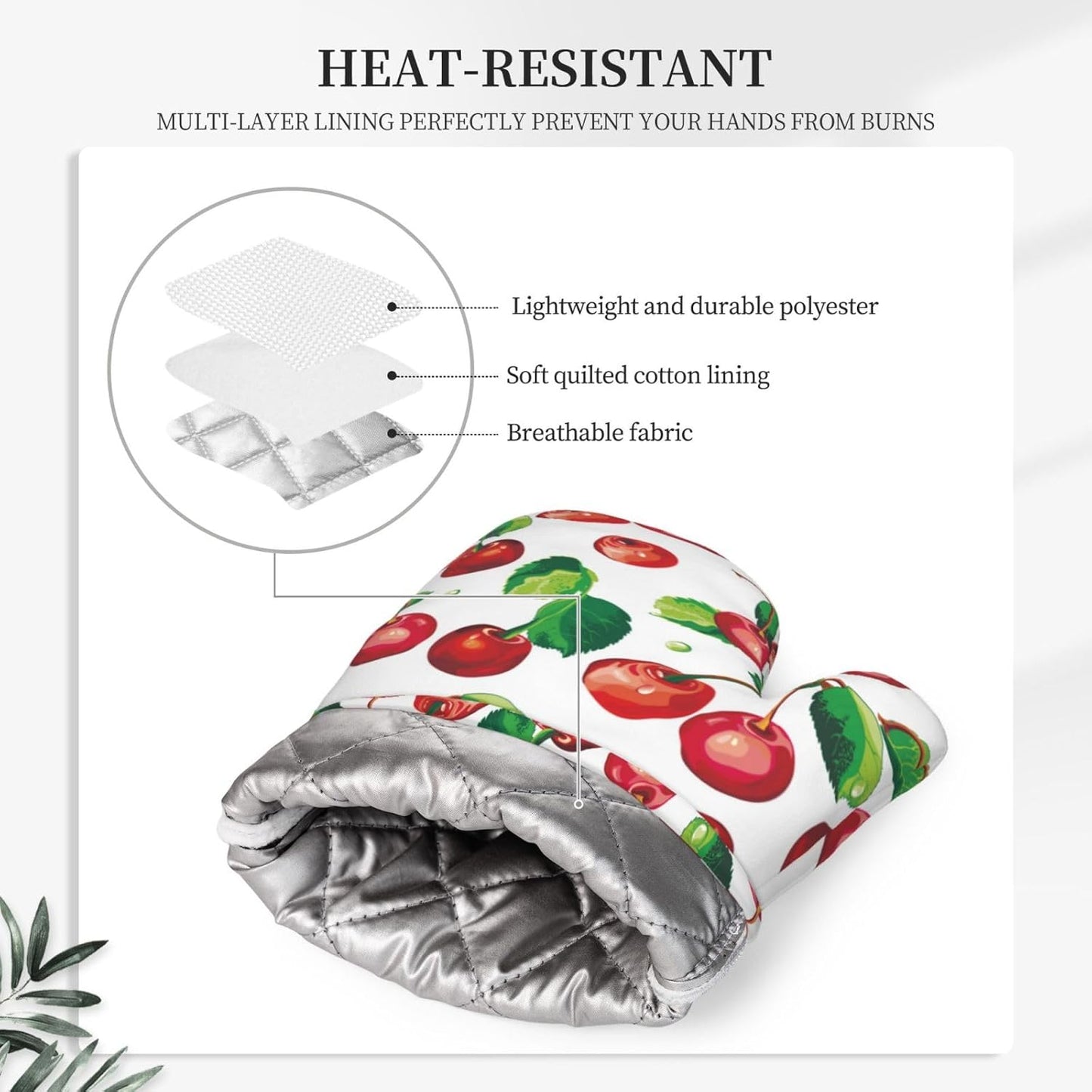 Red Cherry Oven Mitts and Pot Holders Set of 4 Silicone Cherries Kitchen Mitten Gloves and Non-Slip Potholders Set Heat Resistant Oven Gloves Hot Holders for Kitchen