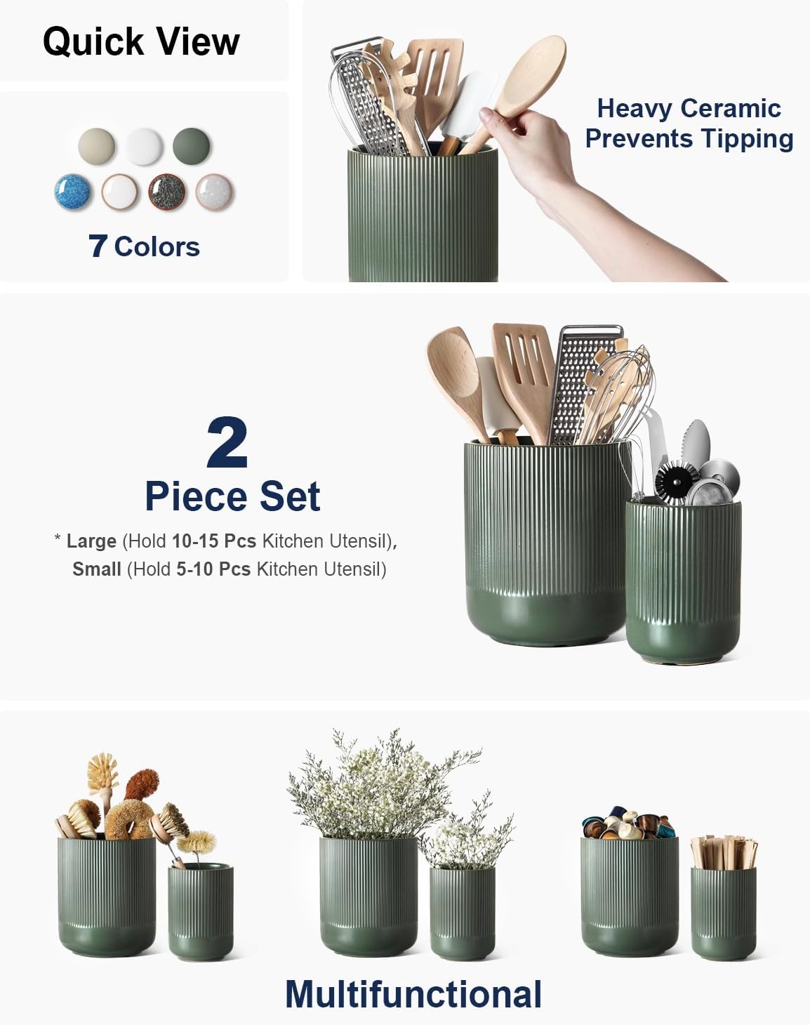 LE TAUCI Utensil Holder, 7.3"+5.4" Ceramic Kitchen Utensil Holder for Countertop, Large Cooking Utensil Crocks for Kitchen Counter, Morden Utensil Organizer for Spatula, Set of 2, Forest Green
