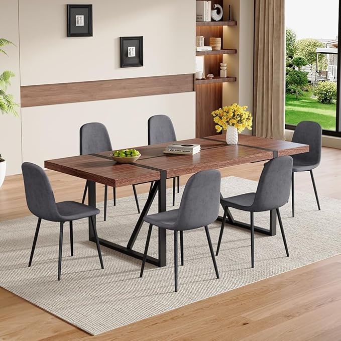 86.6" Dining Table Set for 6, Modern 7 Piece Wood Kitchen Table and Chairs Set, Rectangle Dining Room Table with 6 Linen Fabric Upholstered Chairs, Ideal for Apartment, Kitchen, Dining Room