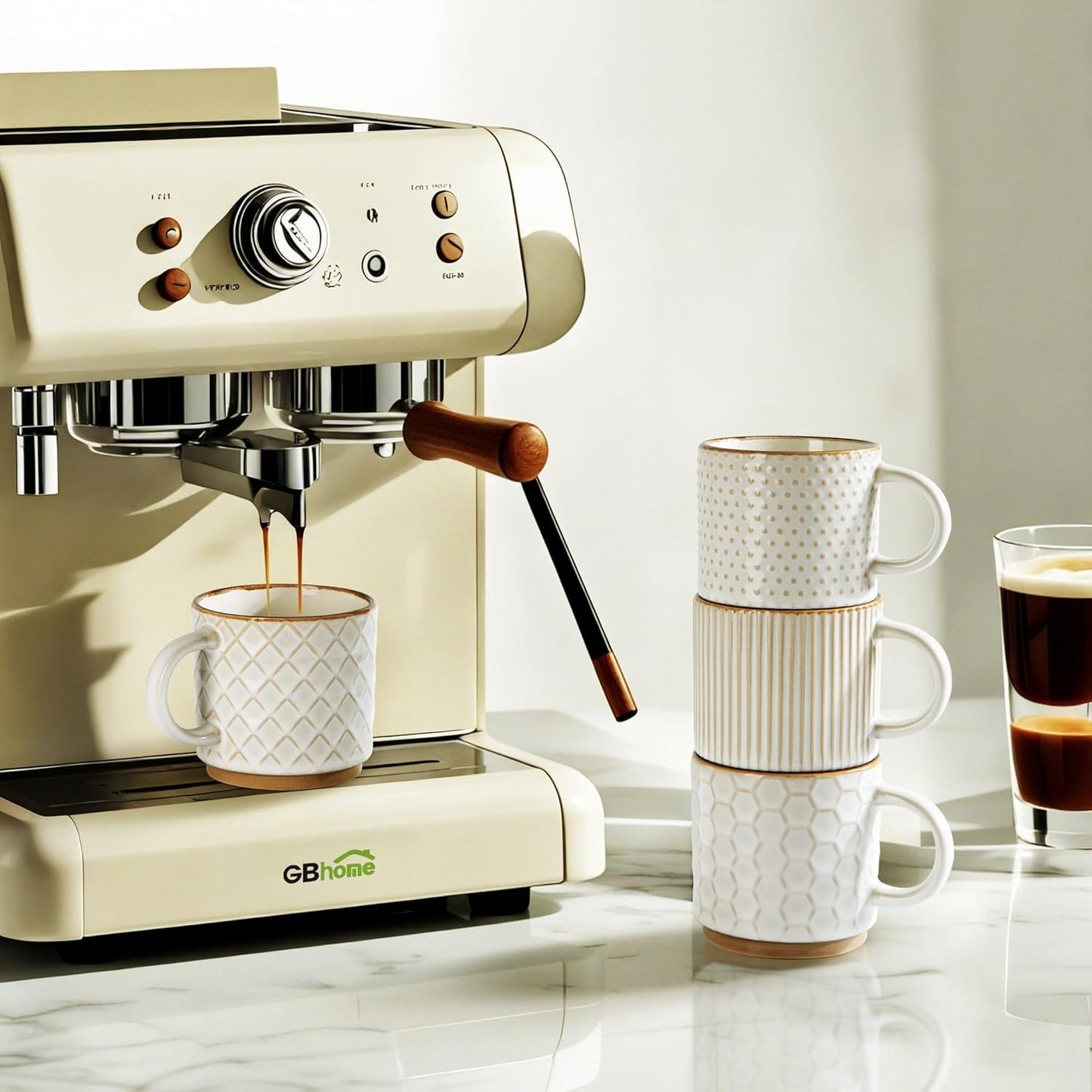 GBHOME 12OZ Stackable Coffee Mugs with Stand, Ceramic Coffee Mugs with Texture Patterns for Man,Woman,Dad,Mom, Modern Coffee Cups Set of 4 for Latte/Cappuccino/Cocoa. Dishwasher&Microwave Safe