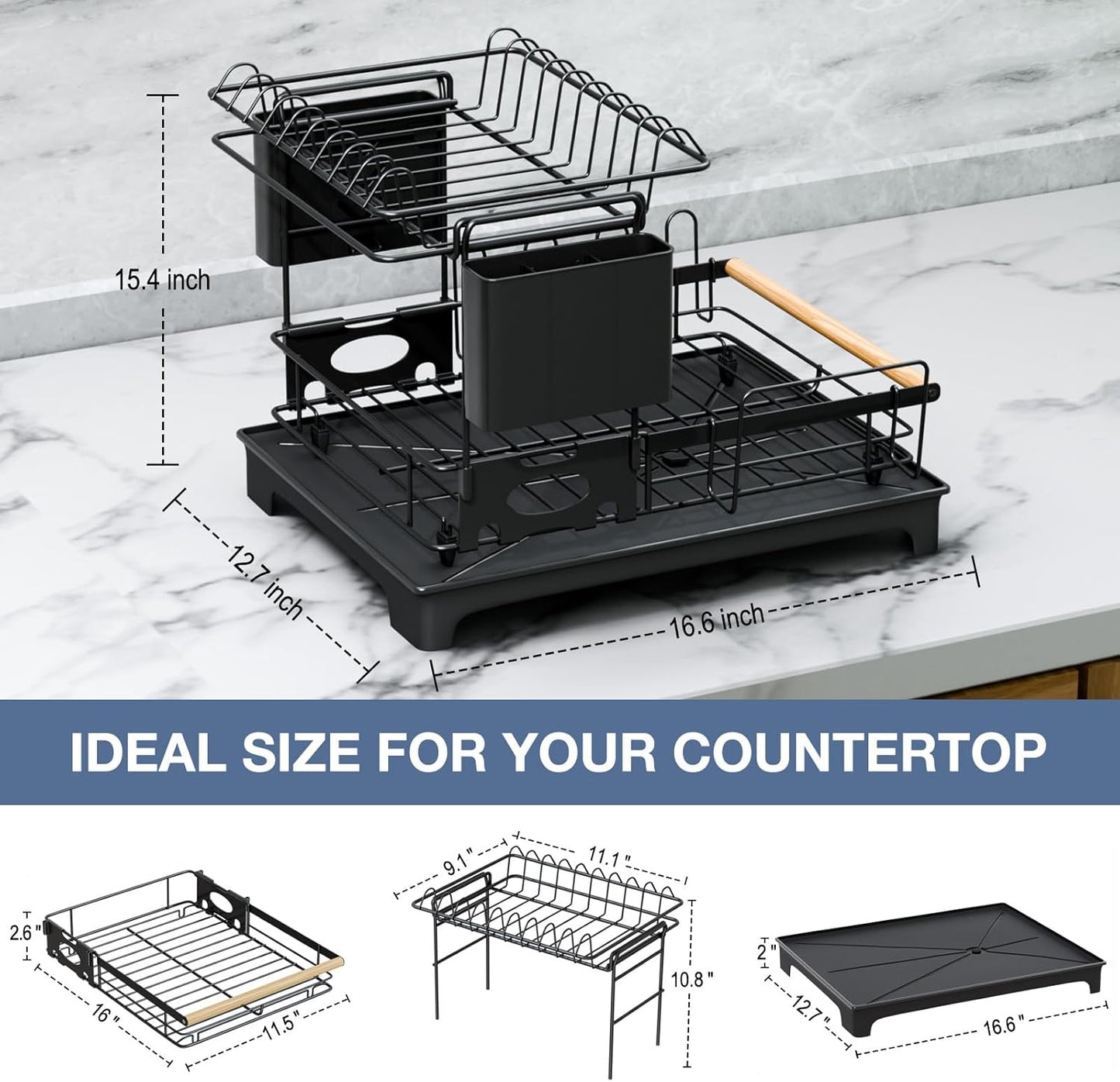 2 Tier Dish Drying Rack, Large-Capacity Dish Rack for Kitchen Counter, Anti-Rust Dish Strainer Rack with Drainboard Set, Kitchen Organizer with Cup Holder, Utensil Holder, Cutting-Board Holder