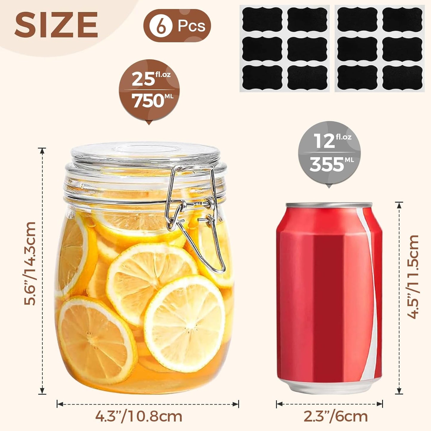 ComSaf 25oz Airtight Glass Canisters with Lids Set of 6, Round Food Storage Jar Container with Clamp Lids for Kitchen Canning Cereal Coffee Pasta Sugar Beans Spice, Clear Mason Jars with 12 Labels