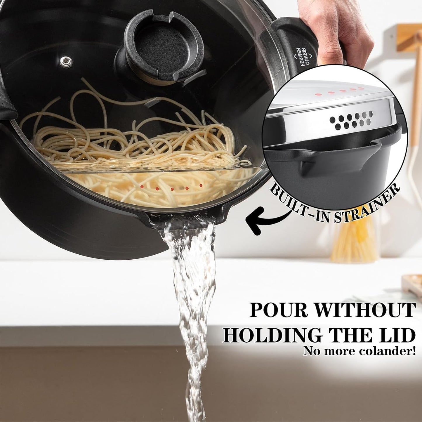 8.5qt Pasta Pot with Strainer Lid, Cast Aluminum Stockpot Multipot, Nonstick Ceramic Coating make Cleanup easy with Tempered Glass Lid, Dishwasher Safe, Induction, Black (Black, 8.5 Quarts)