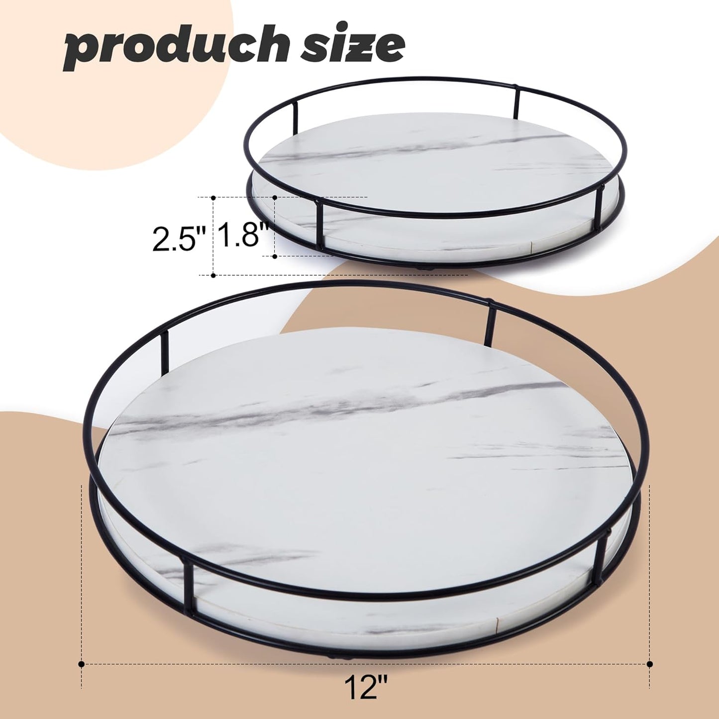 12 Inch White Wood Lazy Susan Turntable for Table, Kitchen Rustic Brown Turntable Organizer with Steel Frame, 360 Degree Decorative Turntable for Countertop Cabinet or Centerpieces