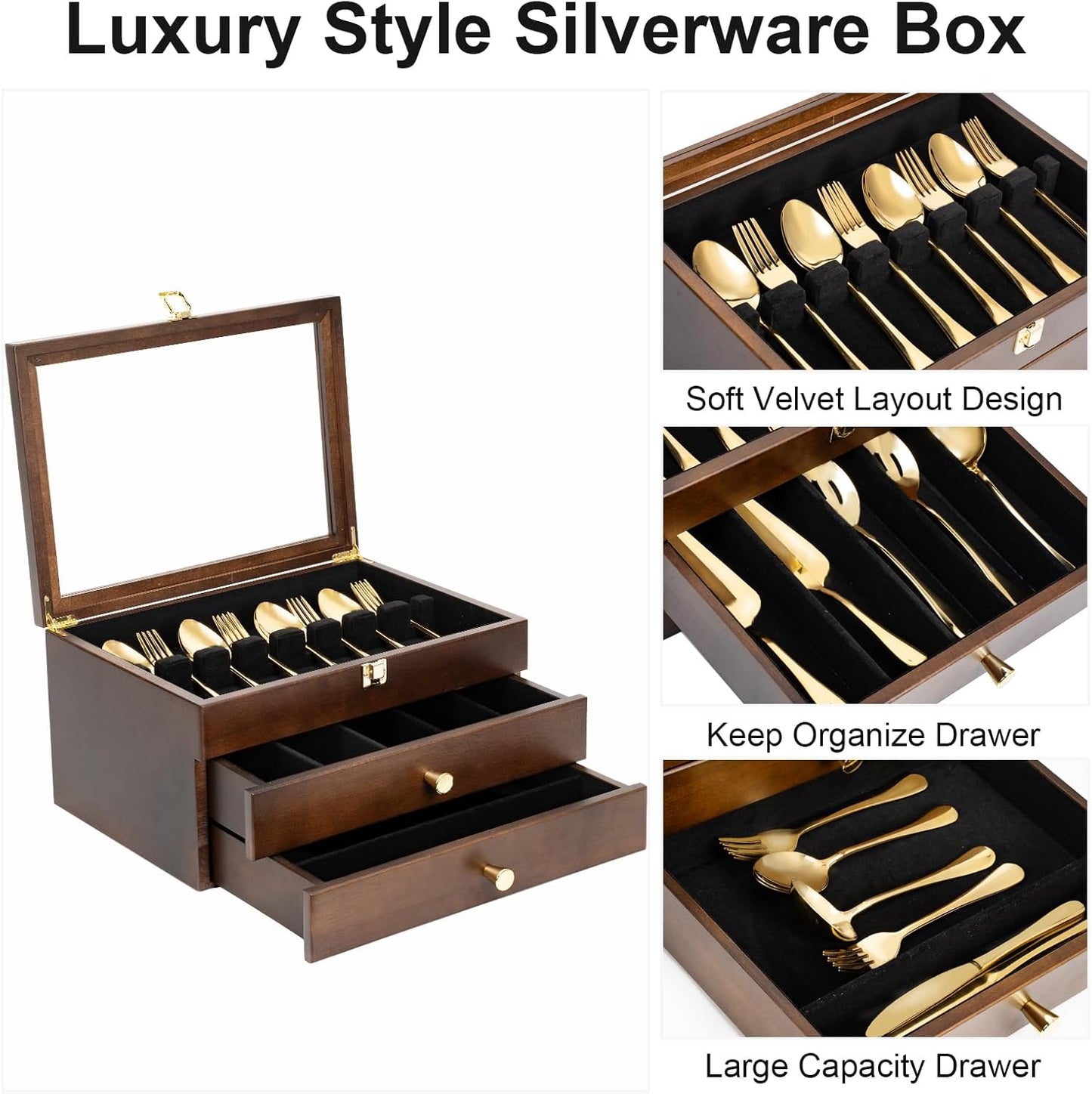 Silverware Box, 3-Layer Wooden Silverware Storage Box with Glass Lid, 14.5×10.6 Inches Luxury Style Decor Flatware Storage Case for Fine Flatware & Utensils, Gift Idea (Walnut)