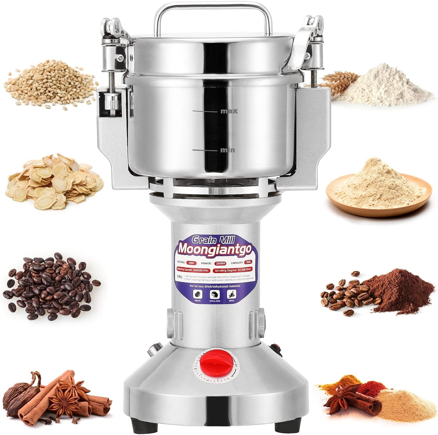 Moongiantgo Grain Mill Grinder Electric 300g Commercial Spice Grinder 1500W Stainless Steel Pulverizer Dry Grinding Machine for Wheat Corn Rice Pepper Herbs Coffee Beans (300g Upright, 110V)