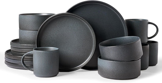 Famiware Star Dinnerware Set with Mugs, Service for 4 (16pcs), Ribbed Stoneware Plates and Bowls Dishes Sets - Chip & Scratch Resistant, Microwave & Dishwasher Safe, Matte Dark Charcoal