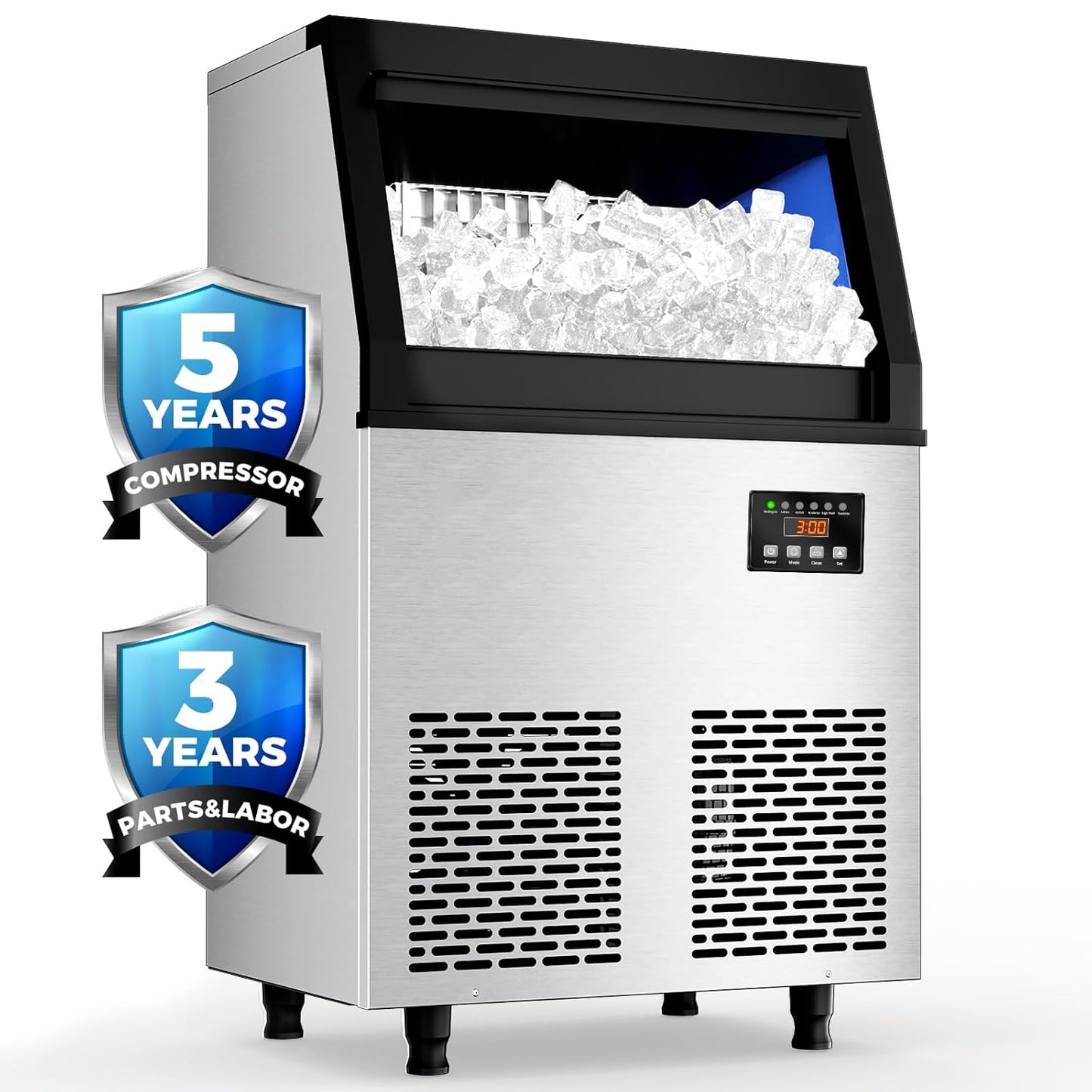 Commercial Ice Maker Machine, 200 lbs/24H Under Counter Ice Machine, Stainless Steel Freestanding Ice Makers for Restaurant, Home, Bar, Office, Party, Outdoor Activities